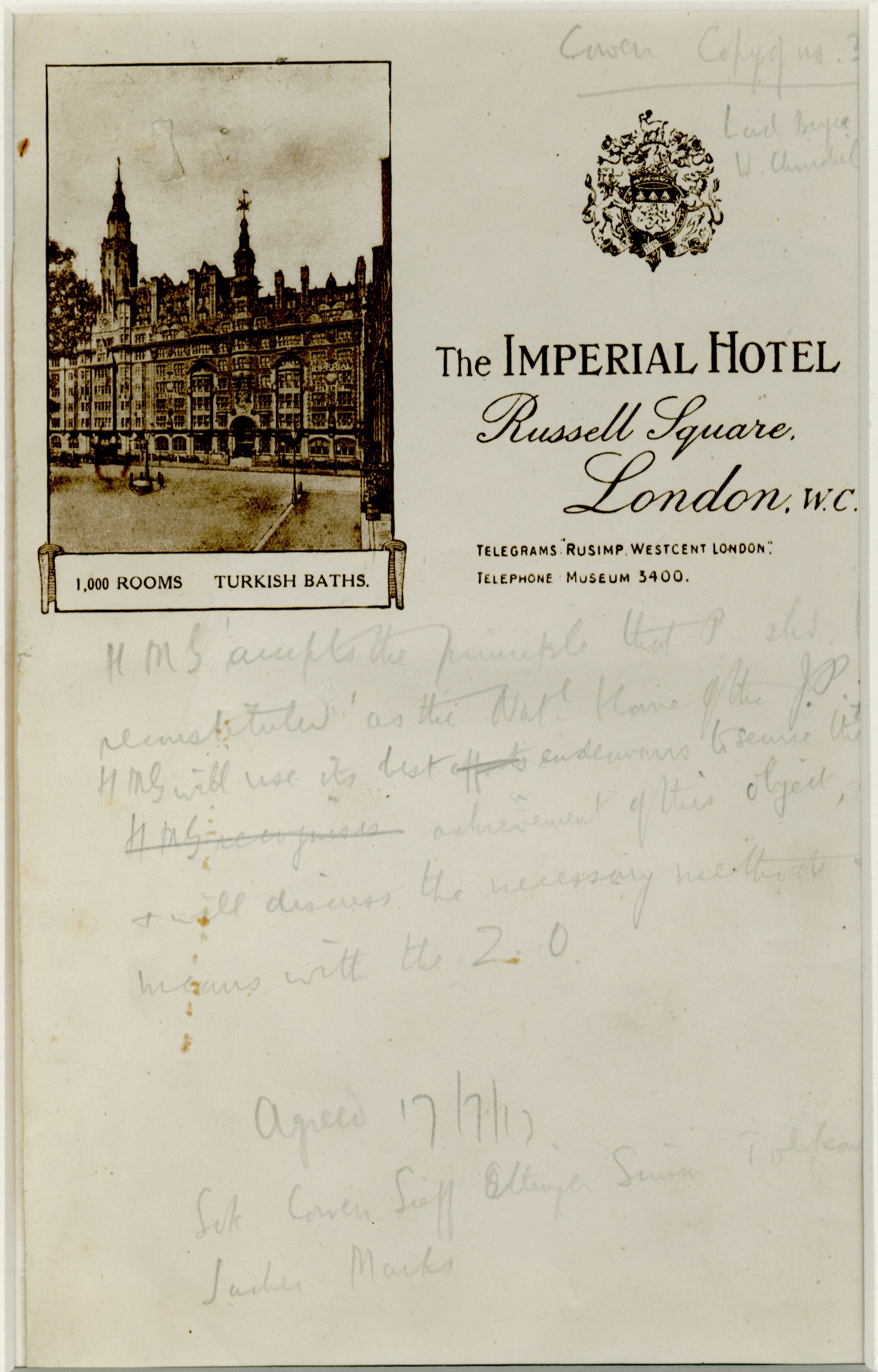 Draft of The Balfour Declaration, handwritten on Imperial Hotel stationery, 1917 (Courtesy Martin Franklin / National Museum of American Jewish History)