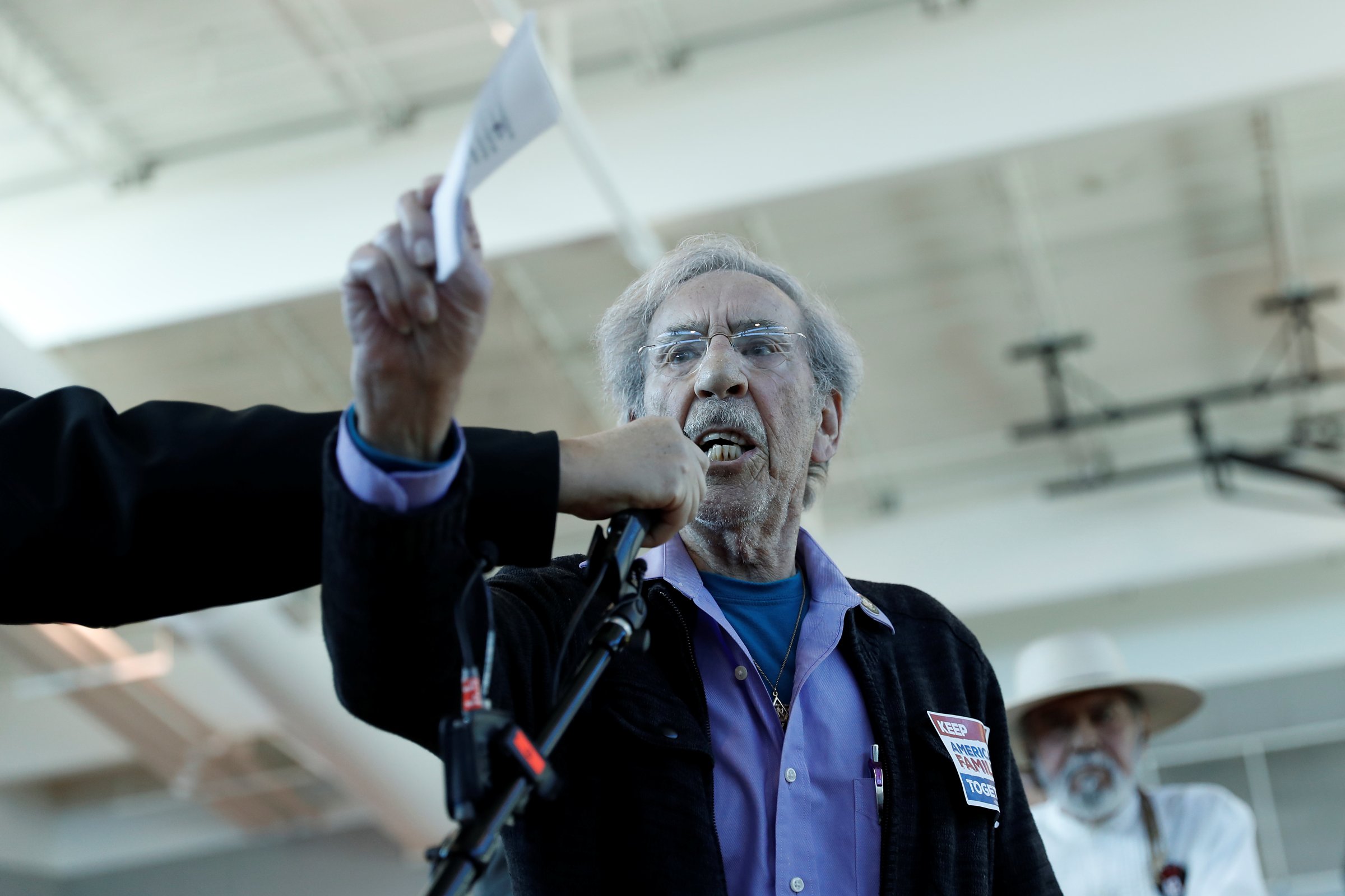 Bernard Marks, who survived the Nazi holocaust at the Auschwitz concentration camp, speaks during a town hall meeting with Thomas Homan, acting director of U.S. Immigration and Customs Enforcement (ICE), in Sacramento