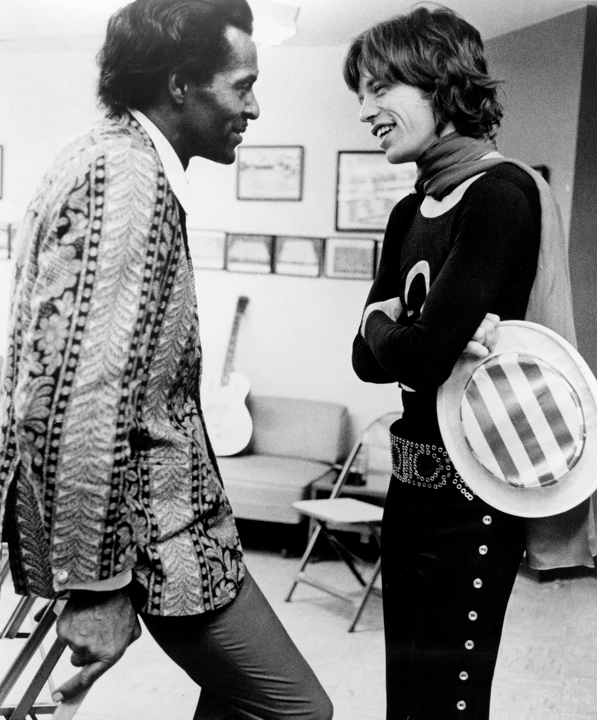 Chuck Berry and Mick Jagger of The Rolling Stones chat backstage at Madison Square Garden in New York City, on Nov. 28, 1969.