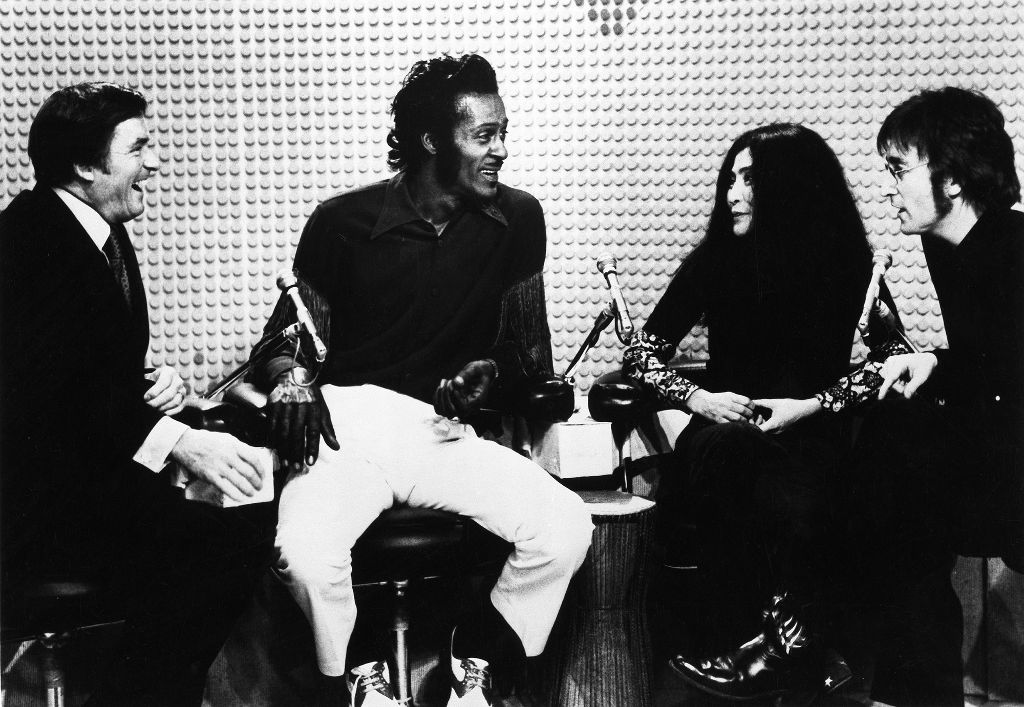 From left: Mike Douglas, Chuck Berry, Yoko Ono, and John Lennon during a taping of The Mike Douglas Show in Feb. 1972.