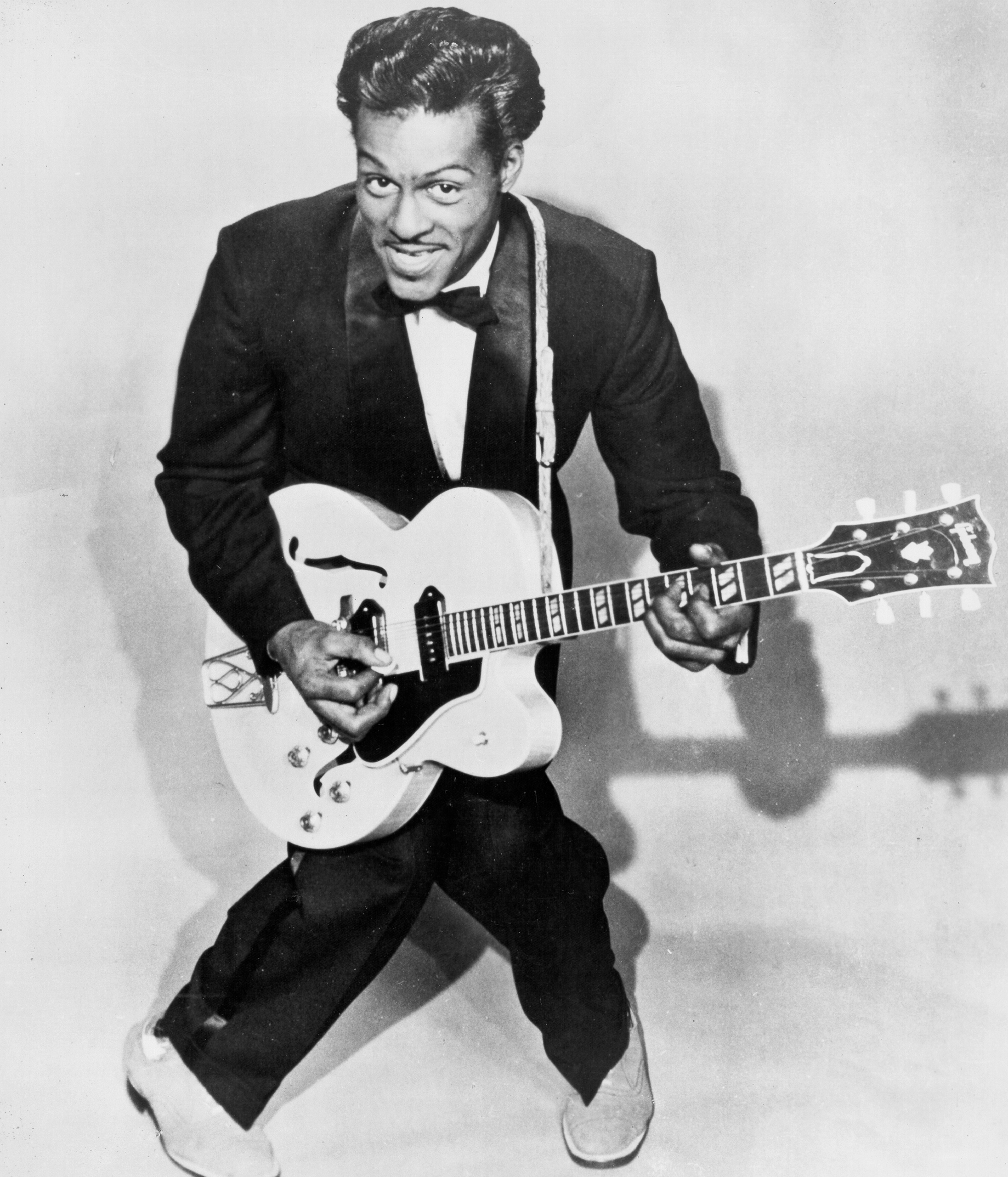 Chuck Berry with his Gibson hollow body electric guitar, c. 1958.