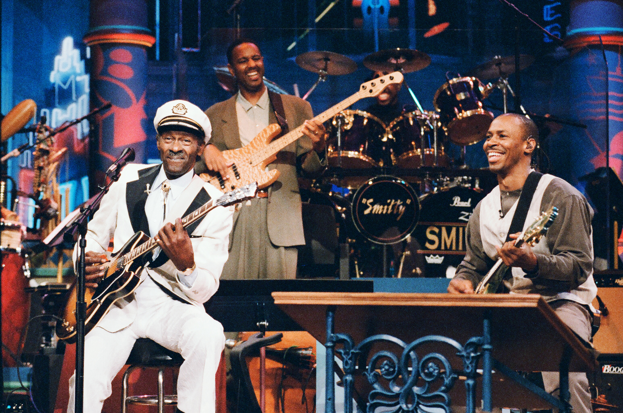 Chuck Berry performs with The Tonight Show Band in Burbank, Calif., on Oct. 4, 1995.
