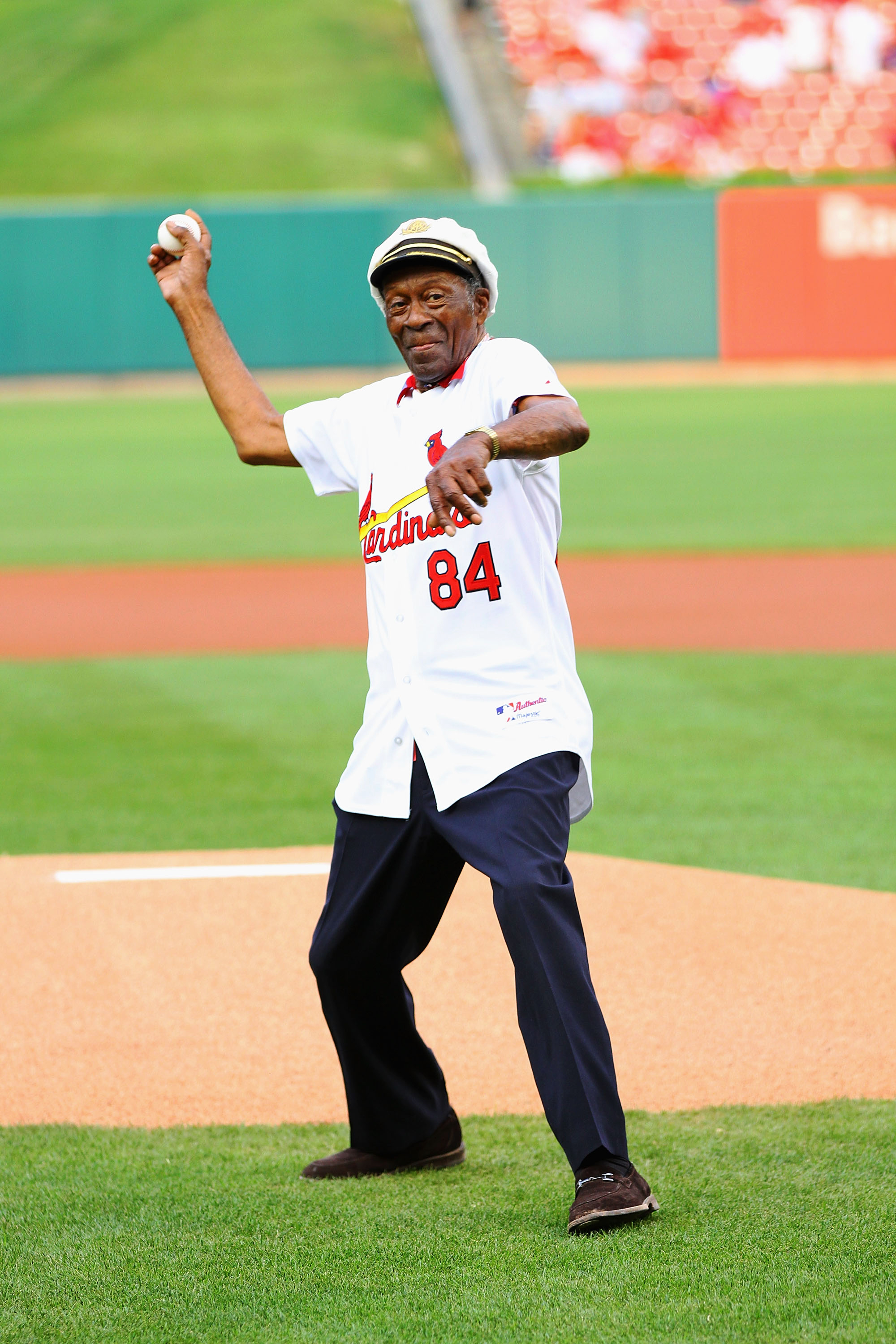 Chuck Berry throws out the first pitch prior to a St. Louis Cardinals v. Chicago Cubs game in St. Louis, Mo., on  on July 29, 2011.