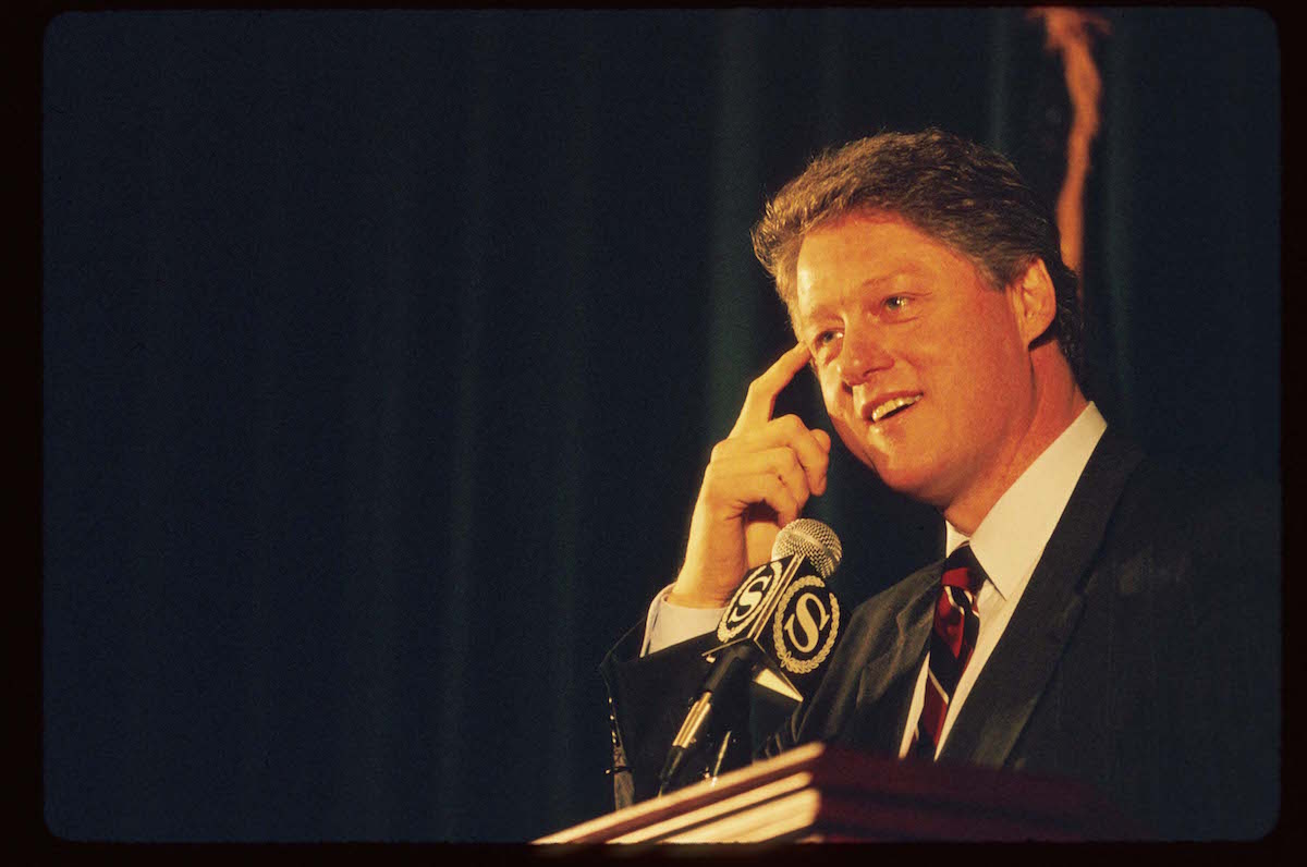 Bill Clinton speaks at a Sheraton hotel March 31, 1992 in New York City, shortly after saying that he did not inhale when he tried marijuana. (Porter Gifford / Getty Images)