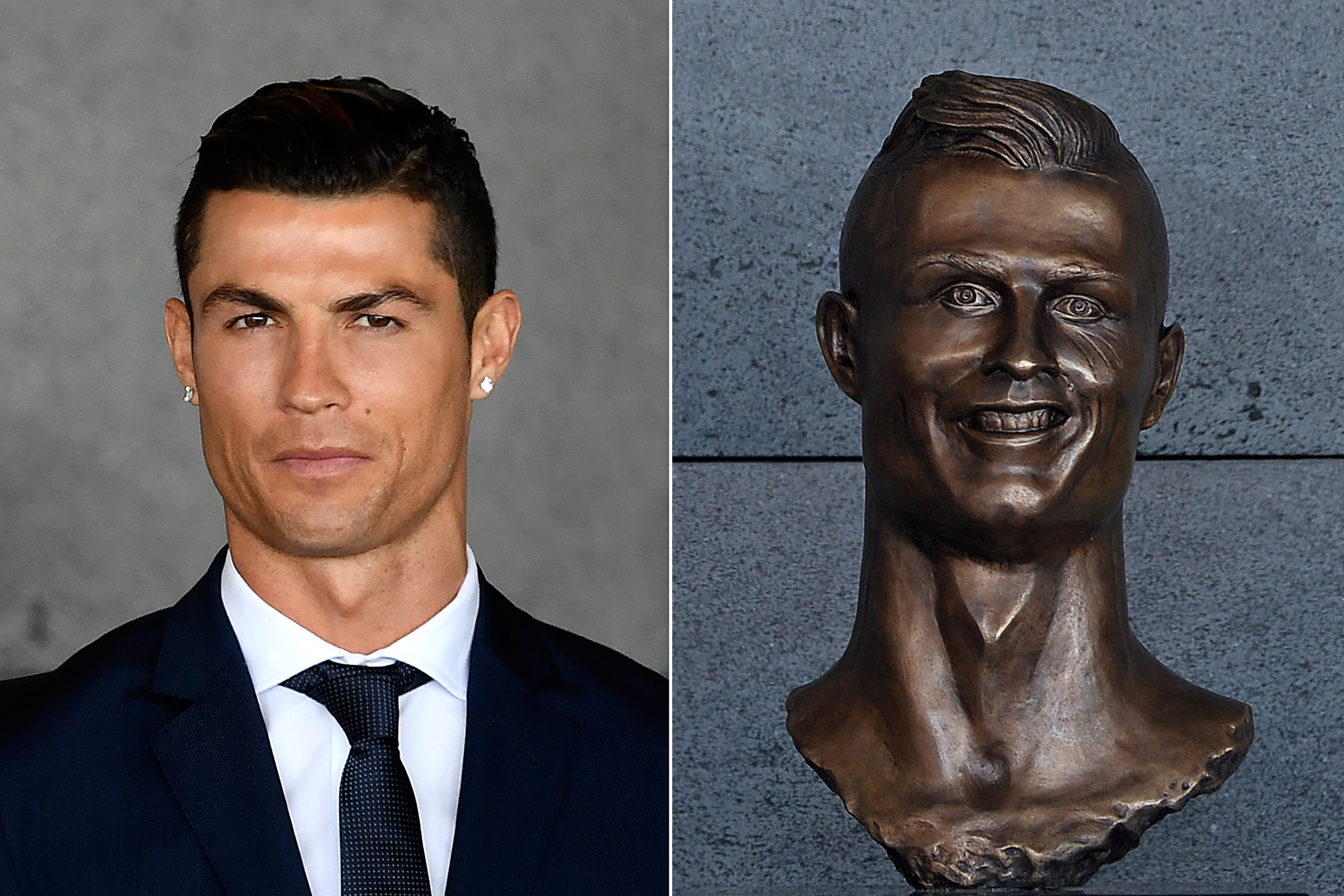 Portuguese footballer Cristiano Ronaldo stands near a bust of his likeness during a ceremony to rename Madeira's airport after him on March 29, 2017. Right: The bust that was revealed. (Francisco Leong—AFP/Getty Images; Octavio Passos—Getty Images)