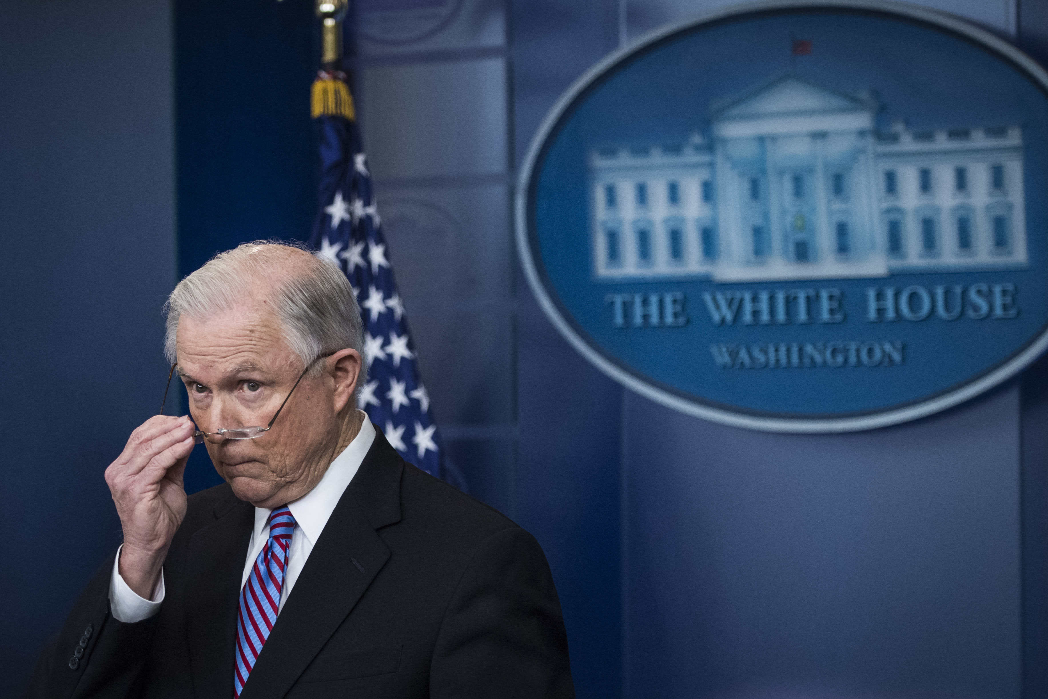 Attorney General Jeff Sessions talks during the daily press briefing at the White House in Washington, D.C. on March 27, 2017. (Jabin Botsford&mdash;The Washington Post/Getty Images)