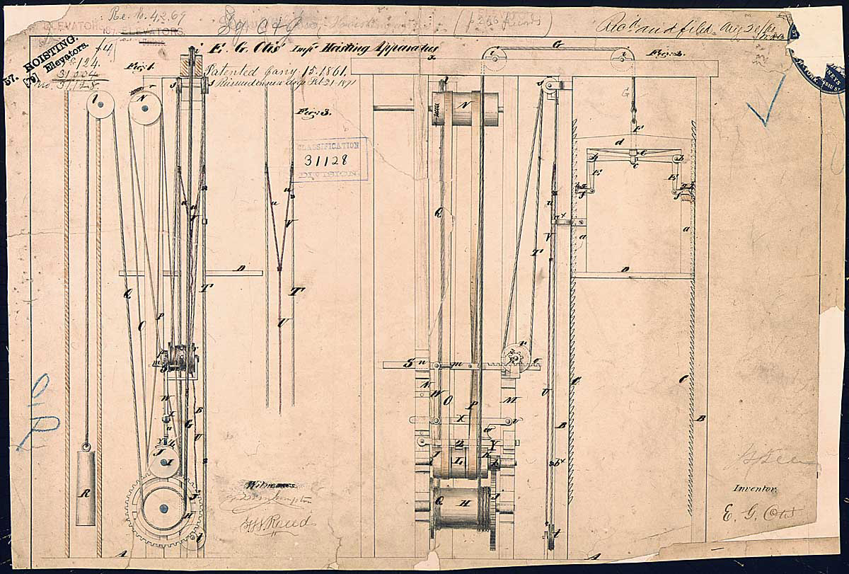 Elisha Otis's elevator patent drawing, 1861. (National Archives)
