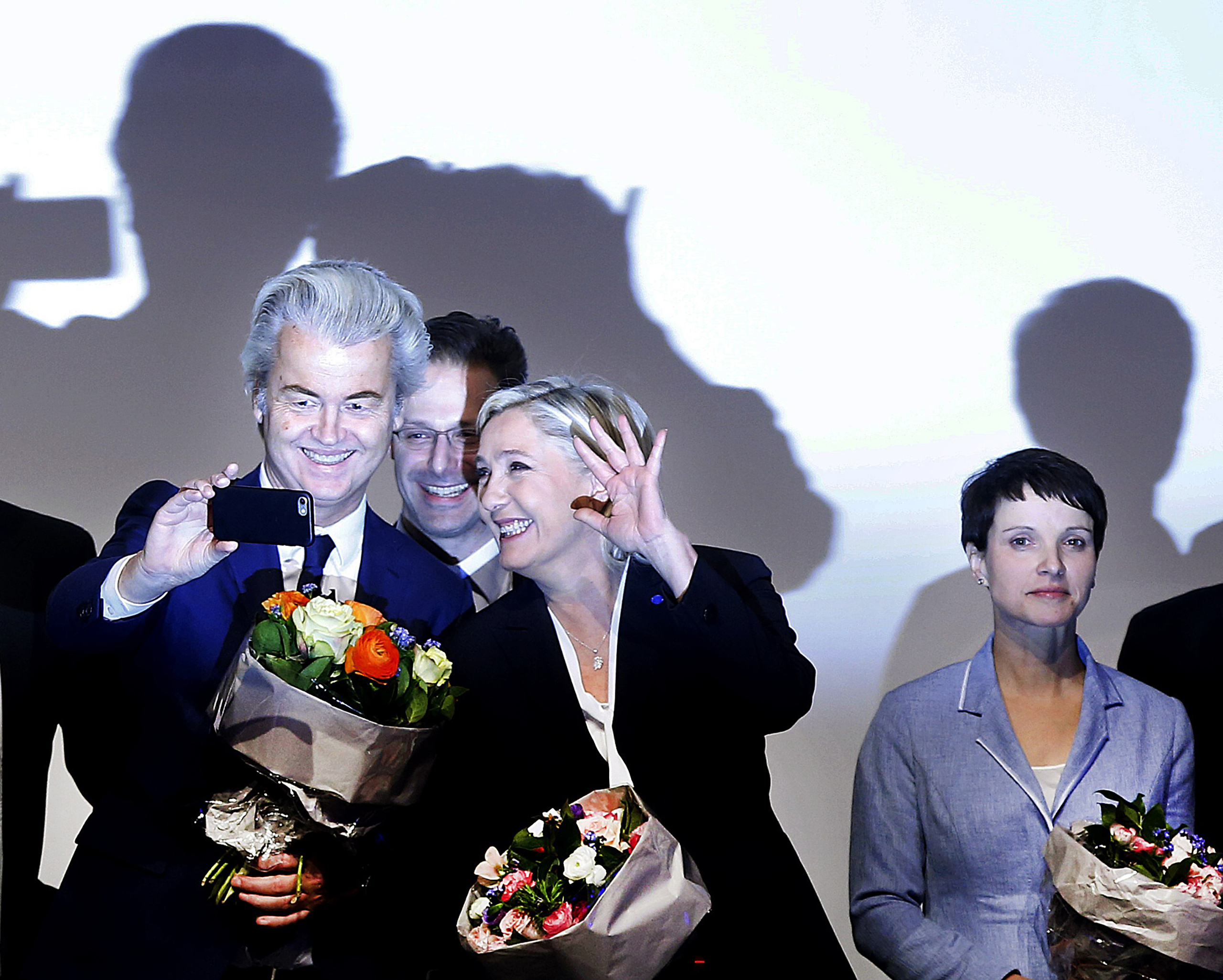 Populists on parade: Holland’s Geert Wilders, left, France’s Marine Le Pen and Germany’s Frauke Petry, far right (Michael Probst—AP)
