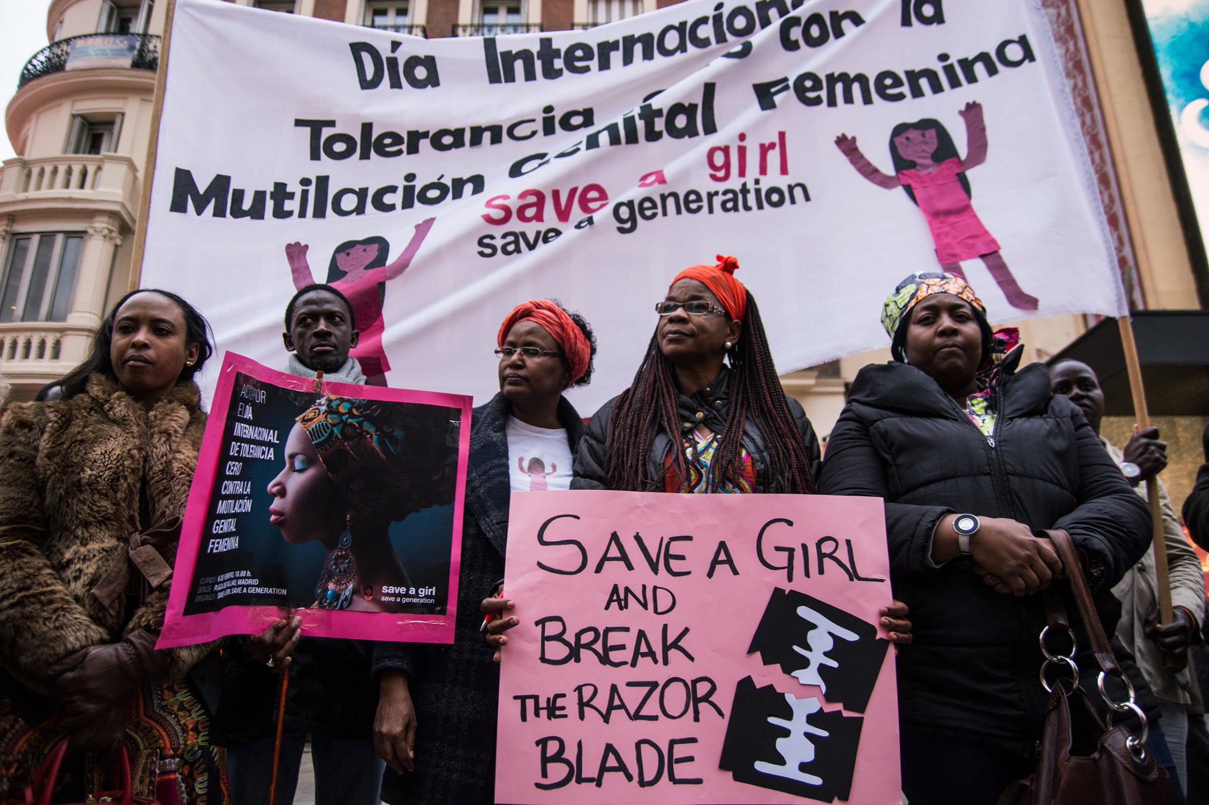 People protest during a rally marking International Day of Zero Tolerance to Female Genital Mutilation in Madrid on Feb. 6, 2016.