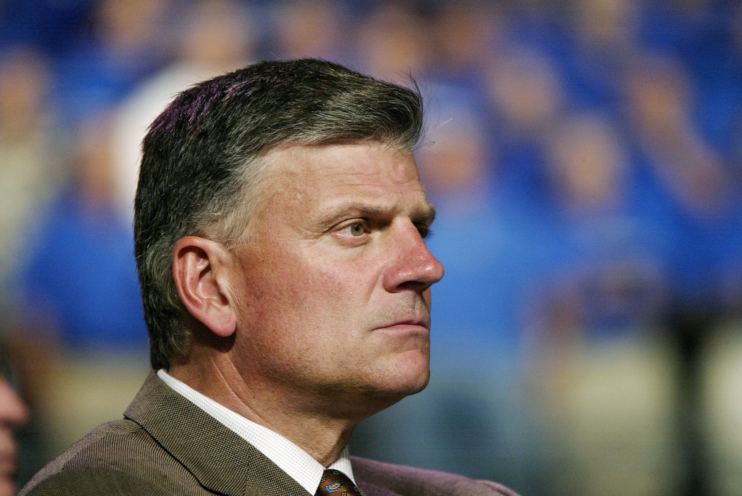 Reverend Franklin Graham looks on at a Billy Graham rally on June 12, 2003 in Oklahoma City, Oklahoma.