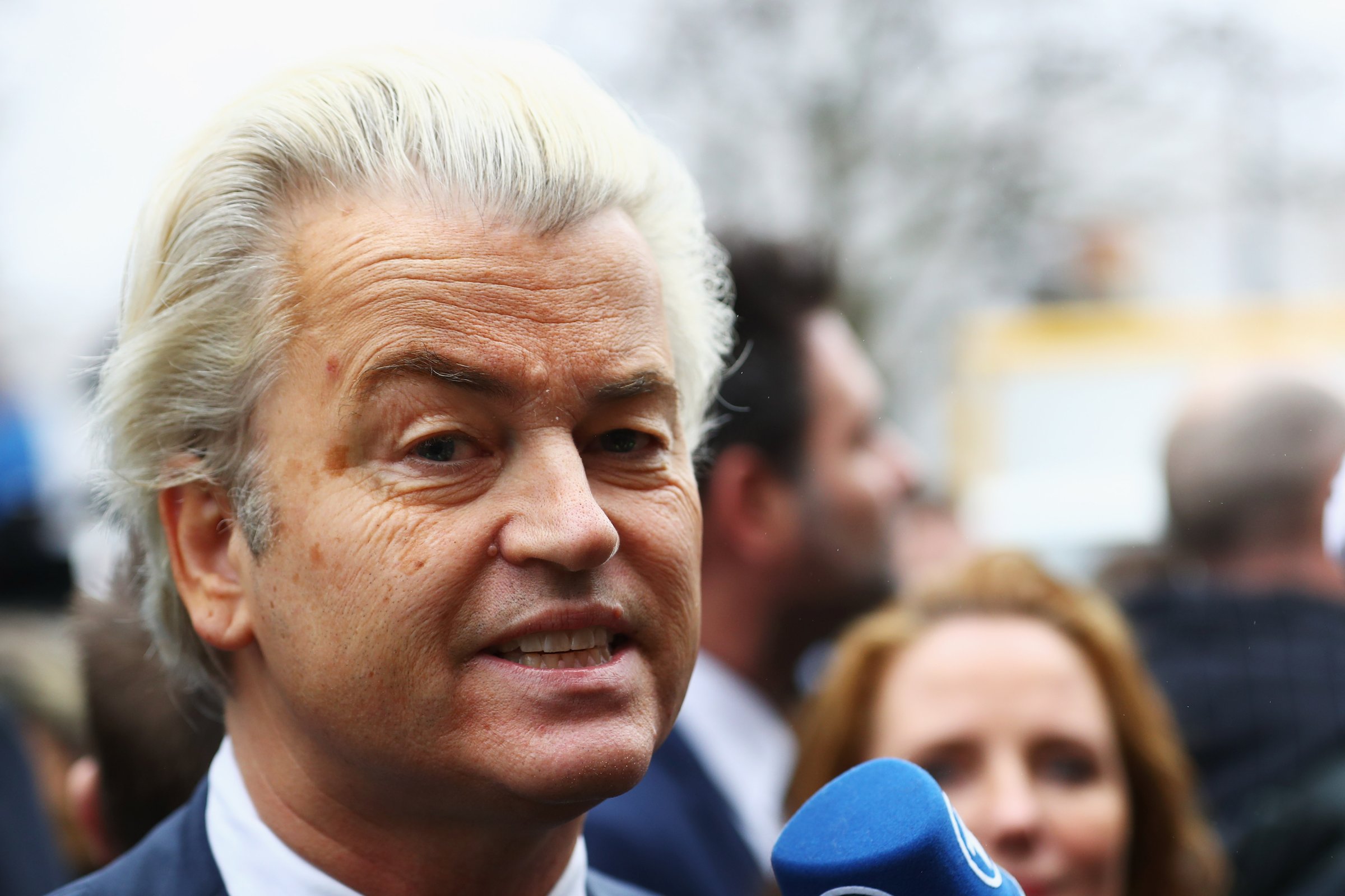 PVV Candidate, Geert Wilders speaks to the crowd, the media and shakes hands with supporters as he kicks off his election campaign near the Dorpskerk on February 18, 2017 in Spijkenisse, Netherlands.