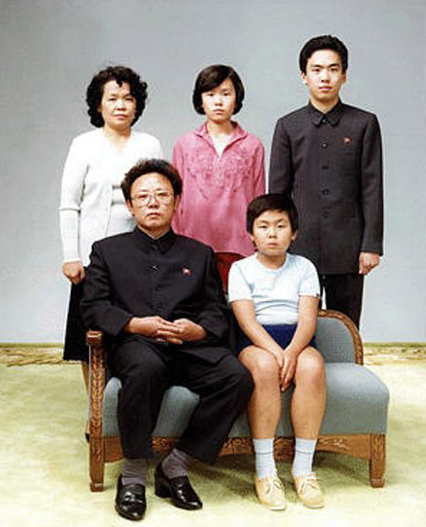 North Korean leader Kim Jong Il (first row, left) sits next to his first-born son Kim Jong Nam (1971–2017) in this 1981 family photo in Pyongyang (Choongang Monthly Magazine/Newsmakers—Getty Images)