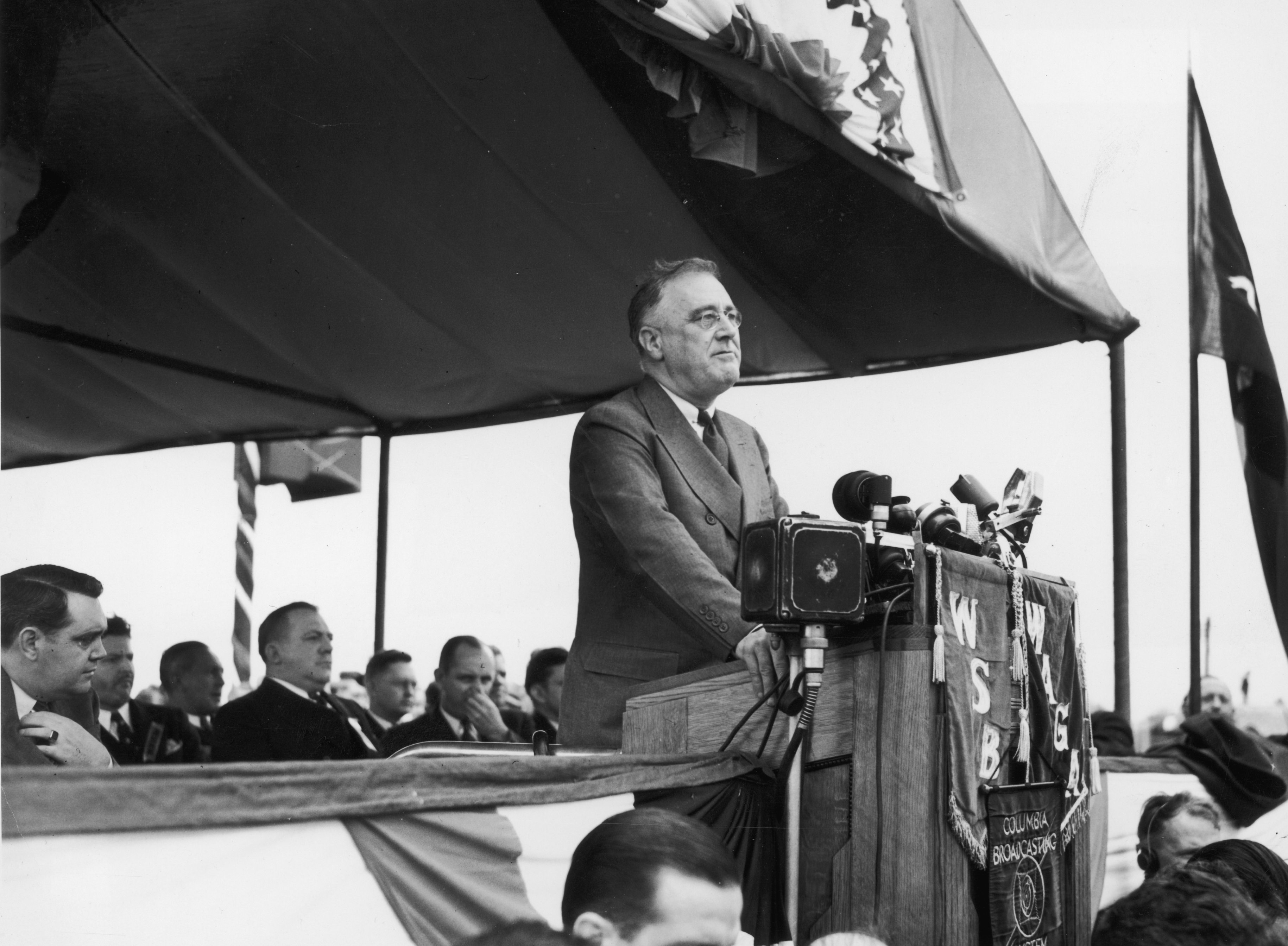 President Franklin Delano Roosevelt speaks at the dedication of Roosevelt Square in Gainsville, Georgia on March 23, 1938. (New York Times Co.—Getty Images)