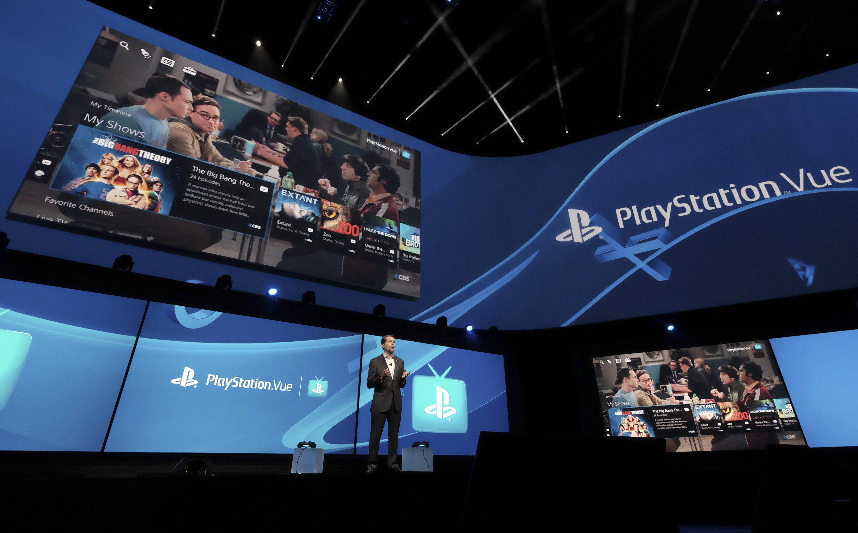ndrew House, President and Global CEO of Sony Computer Entertainment Inc., announces the launch of PlayStation Vue in the Greater Los Angeles and San Francisco Bay Area TV markets, as well as a-la-carte offerings nationwide at PlayStation's E3 2015 Press Conference on Monday June 15, 2015 in Los Angeles, California. (Chris Weeks—Getty Images for Sony Computer A)
