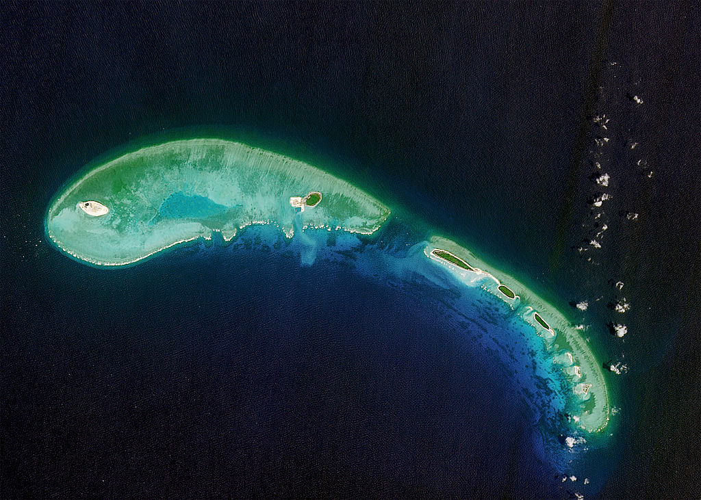A satellite image of North Island trailed by some smaller islands. Part of the Paracel Islands in the South China Sea, April 11 2016. (Gallo Images—Getty Images)