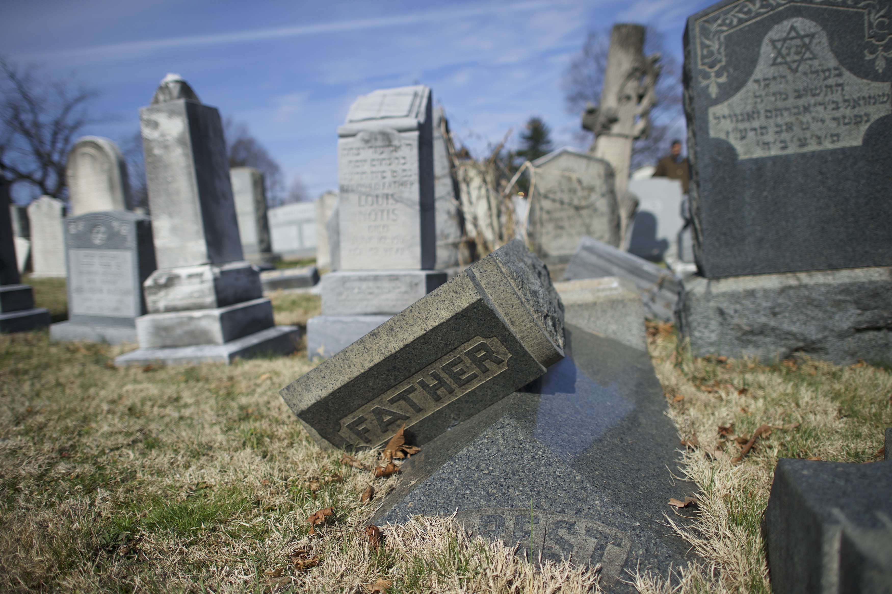 Jewish tombstones lay vandalized at Mount Carmel Cemetery February 27, 2017 in Philadelphia, Pennsylvania.  (Mark Makela--Getty Images) (Mark Makela&mdash;Getty Images)
