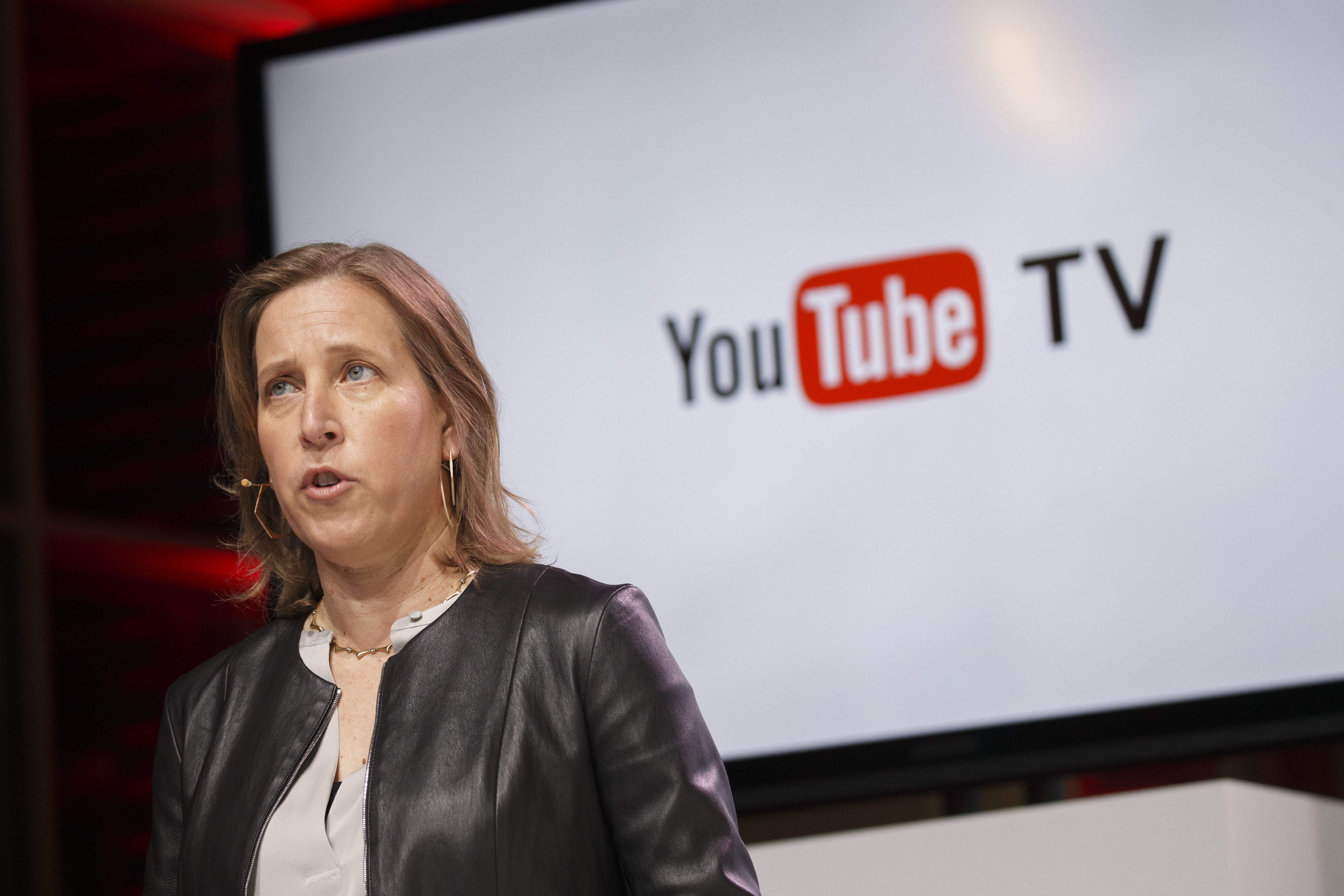 Susan Wojcicki, chief executive officer of YouTube Inc., introduces the company's new television subscription service at the YouTube Space LA venue in Los Angeles, California, U.S., on Tuesday, Feb. 28, 2017. (Bloomberg—Bloomberg via Getty Images)