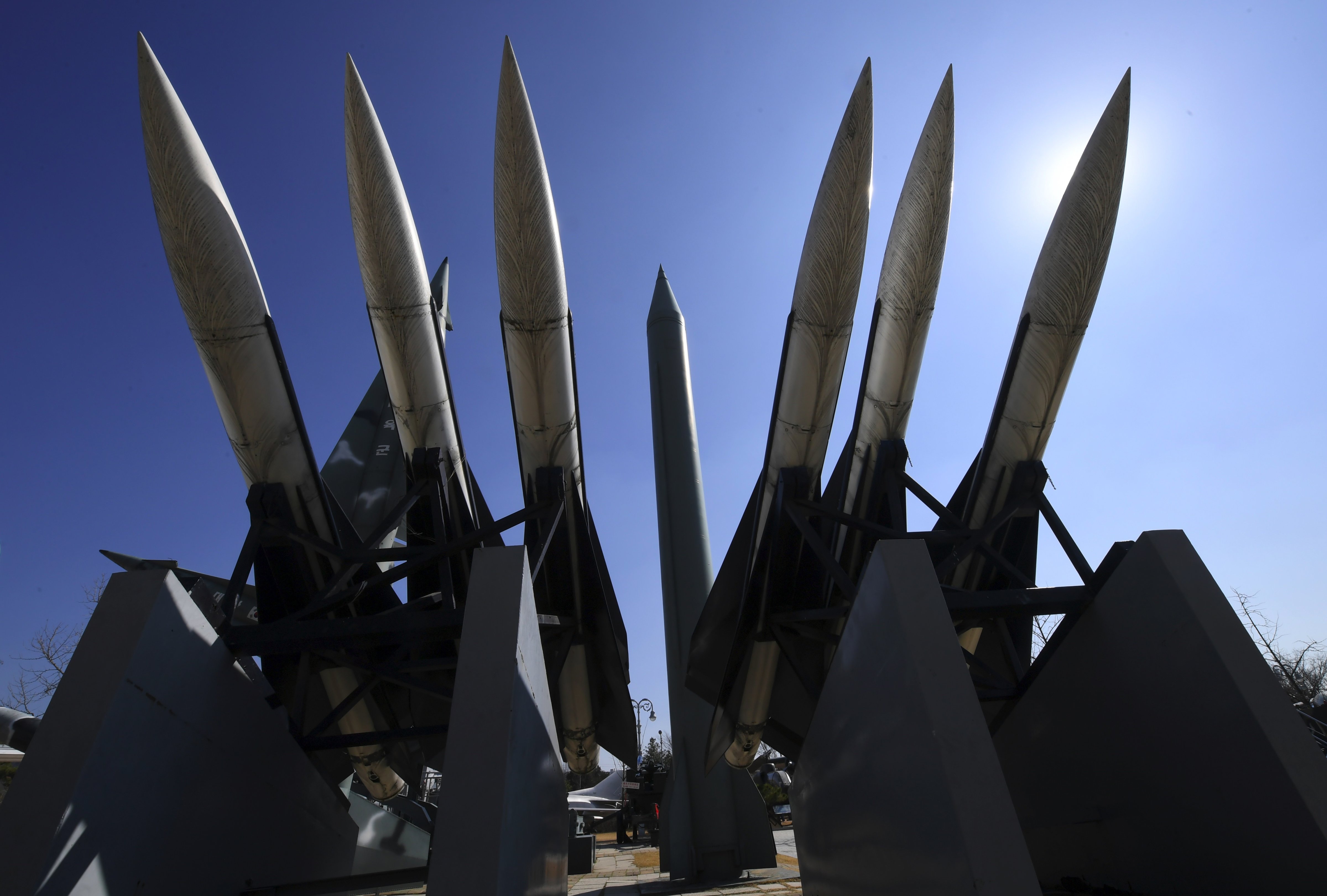 Replicas of a North Korean and South Korean missiles are displayed at the Korean War Memorial in Seoul on March 6, 2017. (Jung Yeon-Je—AFP/Getty Images)