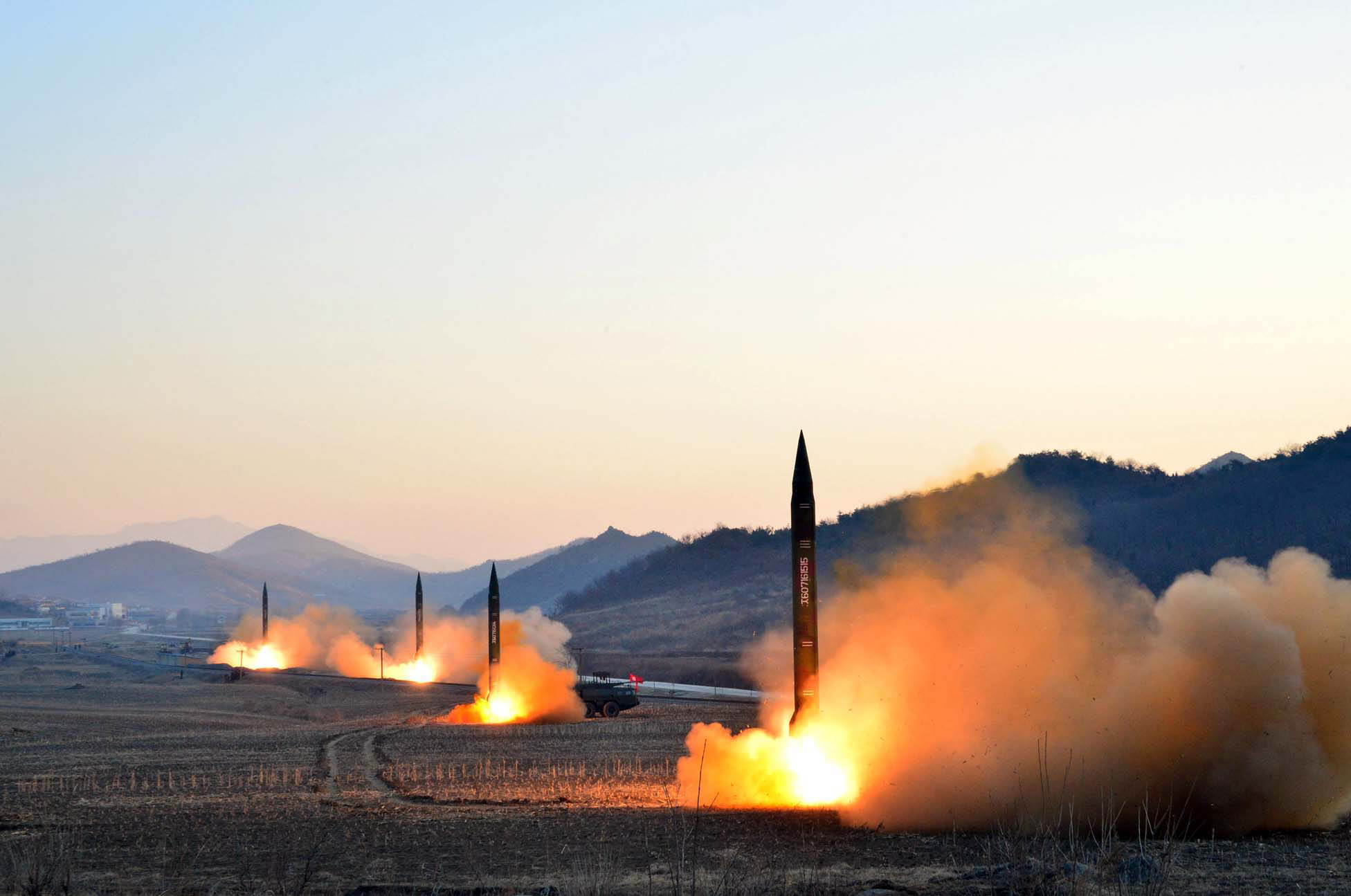 This undated picture released by North Korea's Korean Central News Agency (KCNA) via KNS on March 7, 2017 shows the launch of four ballistic missiles by the Korean People's Army (KPA) during a military drill at an undisclosed location in North Korea. (AFP/Getty Images)