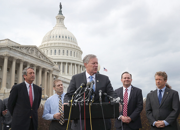 Rep. Mark Meadows (R-NC) speaks about Obamacare repeal and replacement while  flanked by Rep. Mark Sanford (R-SC) (L), Rep Jim Jordan (R-OH) (2ndL), Sen. Mike Lee (R-UT) (2ndR) and Sen. Rand Paul (R-KY) (R) during a news conference on Capitol Hill, on March 7, 2017 in Washington, DC. (Mark Wilson—Getty Images)