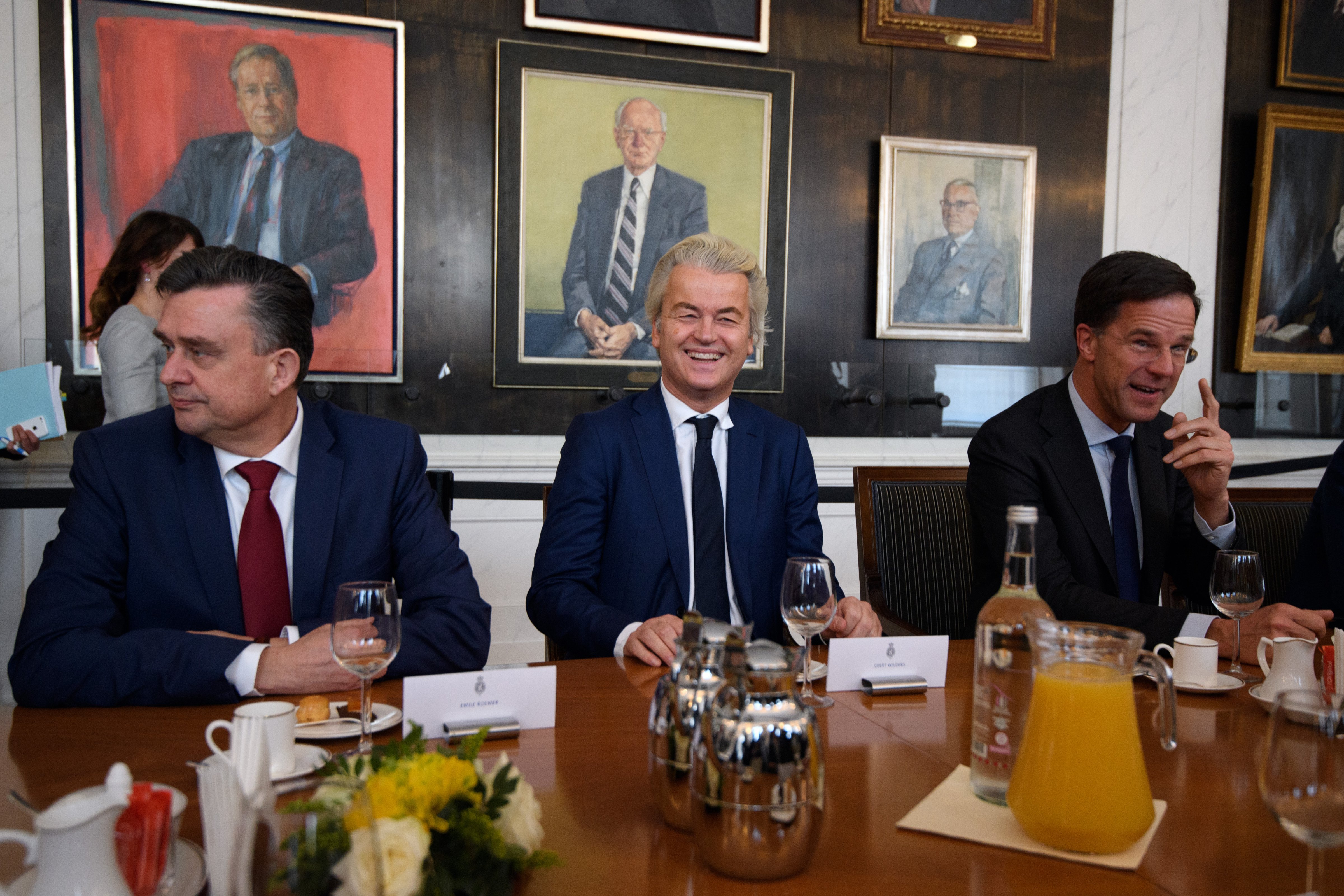 THE HAGUE, NETHERLANDS - MARCH 16:(L-R) Emile Roemer, leader of the Socialist Party; Party for Freedom (PVV) leader Geert Wilders and Dutch Prime Minister Mark Rutte attend a meeting of Dutch political party leaders at the House of Representatives to express their views on the formation of the cabinet, on March 16, 2017 in The Hague, Netherlands.