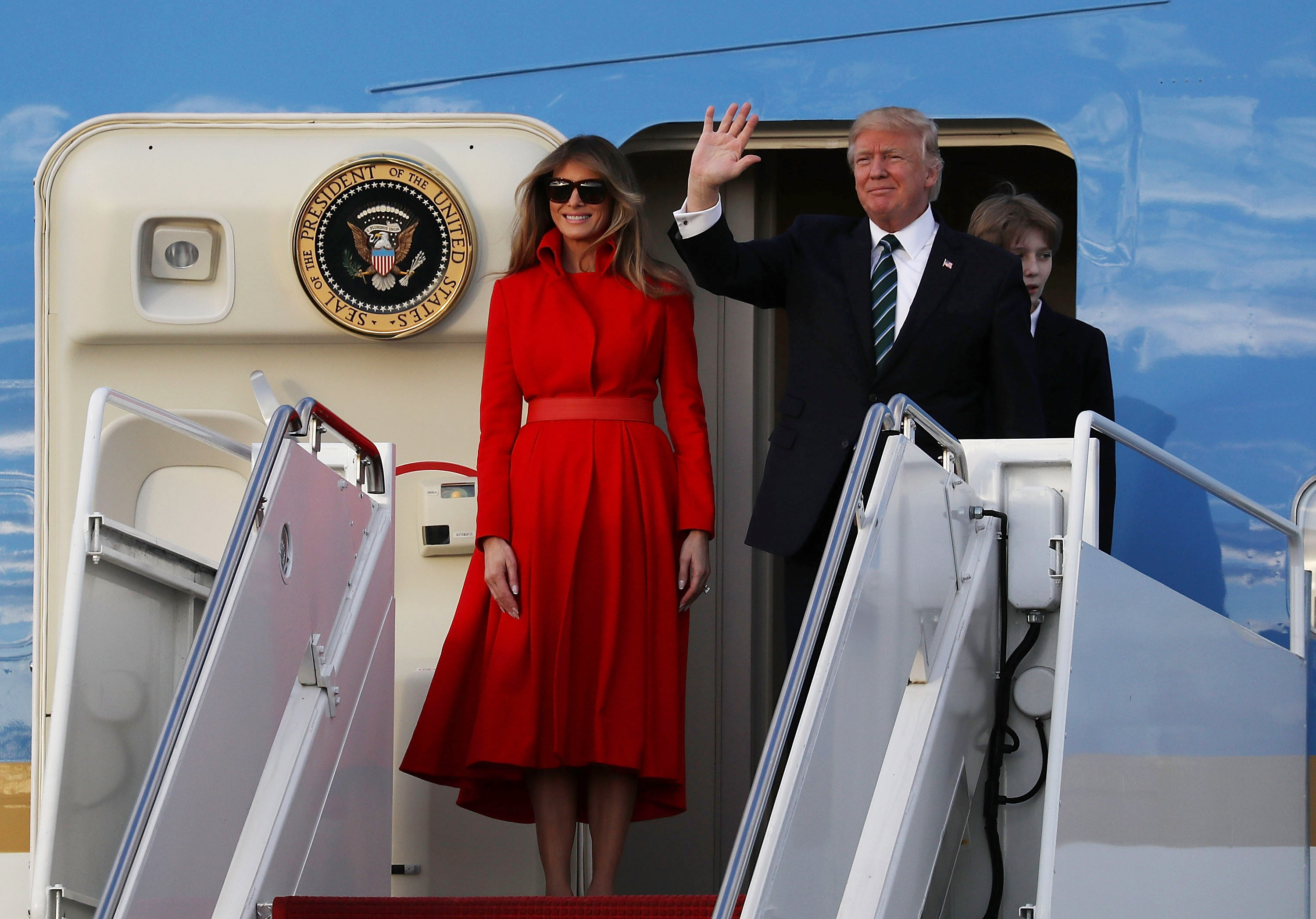 President Donald Trump, his wife Melania Trump and their son Barron Trump arrive together on Air Force One at the Palm Beach International Airport to spend part of the weekend at Mar-a-Lago resort on March 17, 2017 in West Palm Beach, Florida. Joe Raedle&mdash;Getty Images (Joe Raedle&mdash;Getty Images)