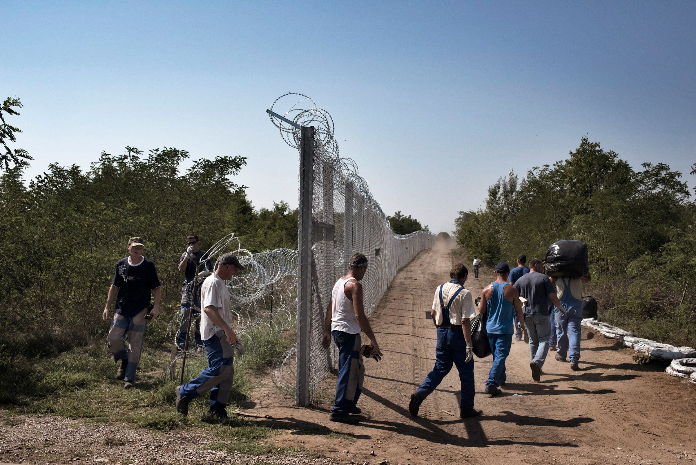 Local workers build up a fence to guard against migrants in Ásotthalom, Hungary, September 2015.