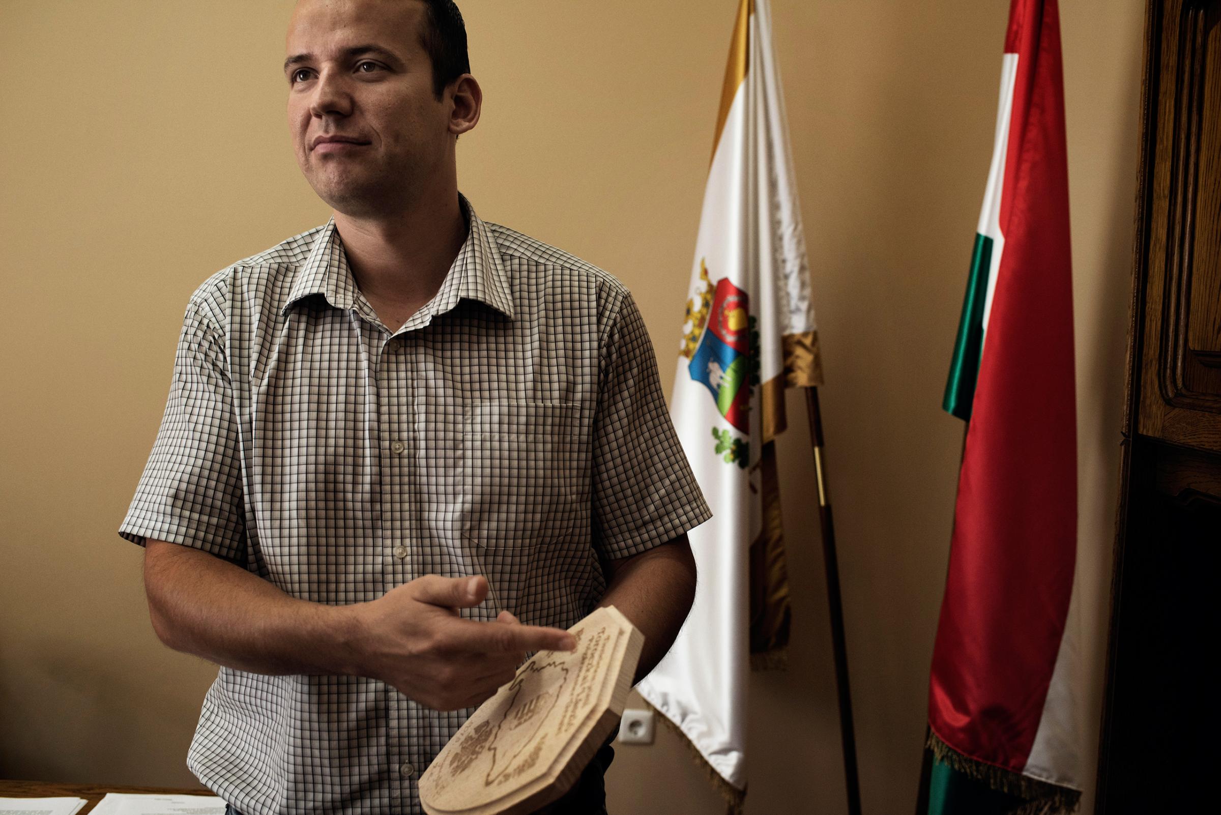 László Toroczkai, the charismatic young mayor of a Hungarian town right on the border with Serbia, in Ásotthalom, September 2015. Toroczkai became a national celebrity for his extreme anti-migration and anti-Islamic views.