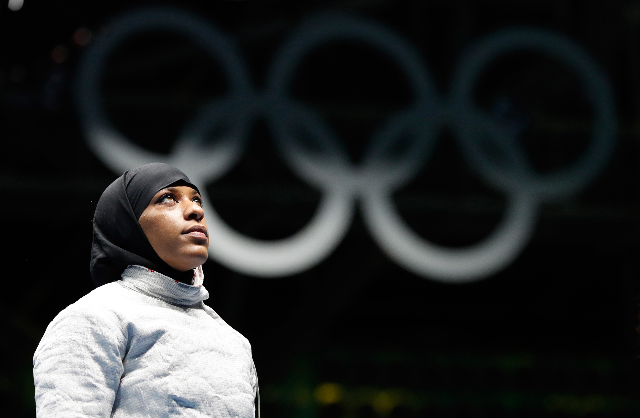 Ibtihaj Muhammad waits for a match against Olena Kravatska of Ukraine, in the women's saber individual fencing event at the Summer Olympics in Rio de Janeiro on Aug. 8, 2016. (Vincent Thian—AP)
