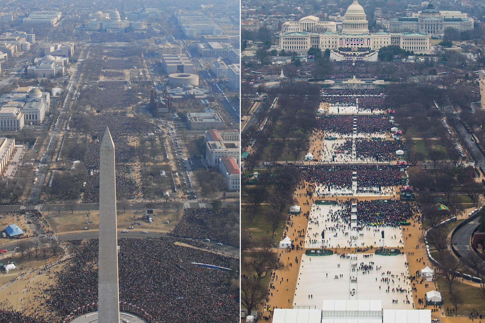 Left: An aerial view of President Barack Obama's inauguration on Jan. 20, 2009 in Washington, D.C. Right: An aerial view of President Donald Trump’s inauguration on Jan. 20, 2017 in Washington, D.C. (National Park Service)