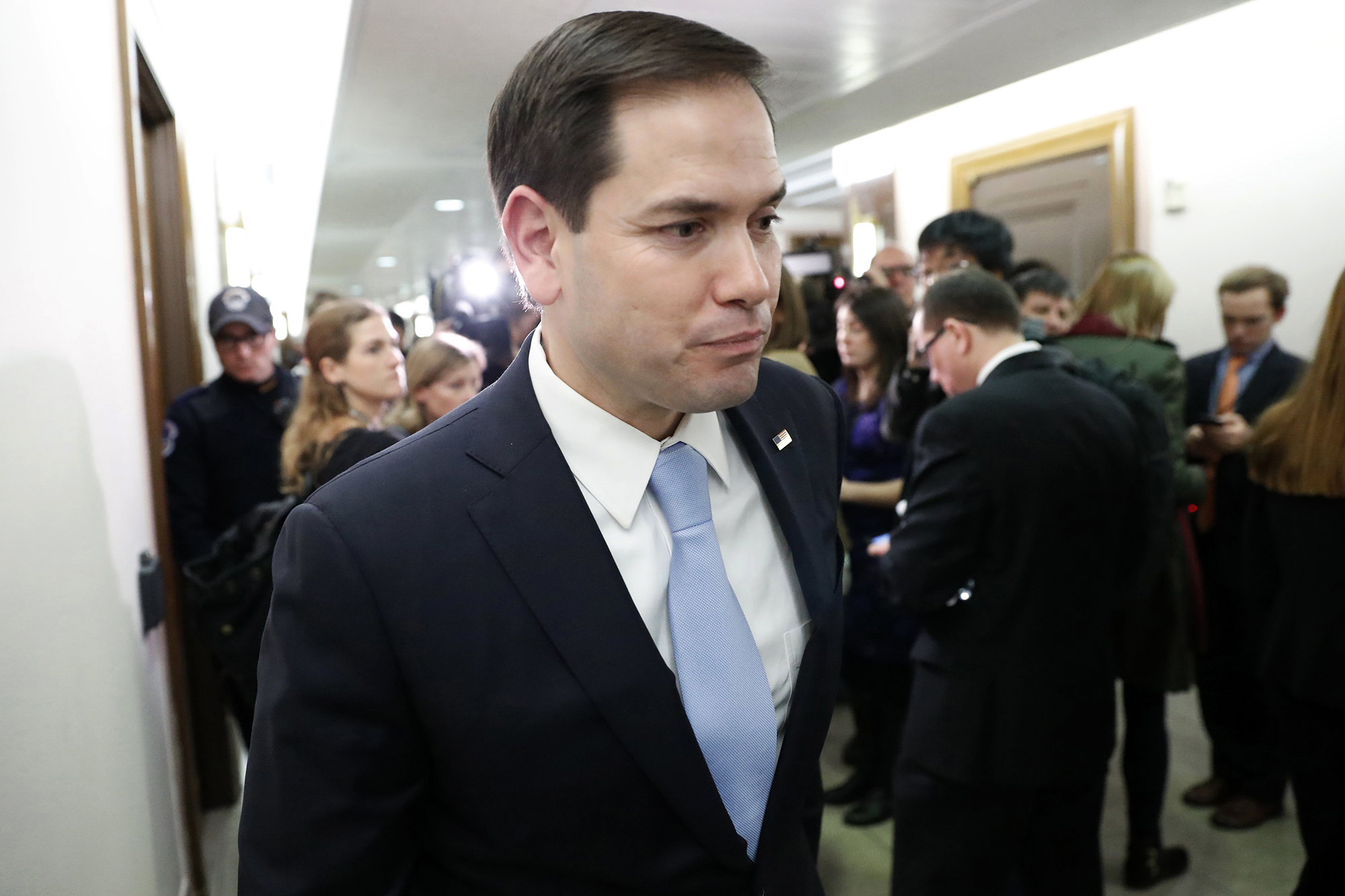 Sen. Marco Rubio departs after speaking with the media after a Senate Foreign Relations committee business meeting on the nomination of Rex Tillerson to be Secretary of State, on Jan. 23, 2017 in Washington, D.C.