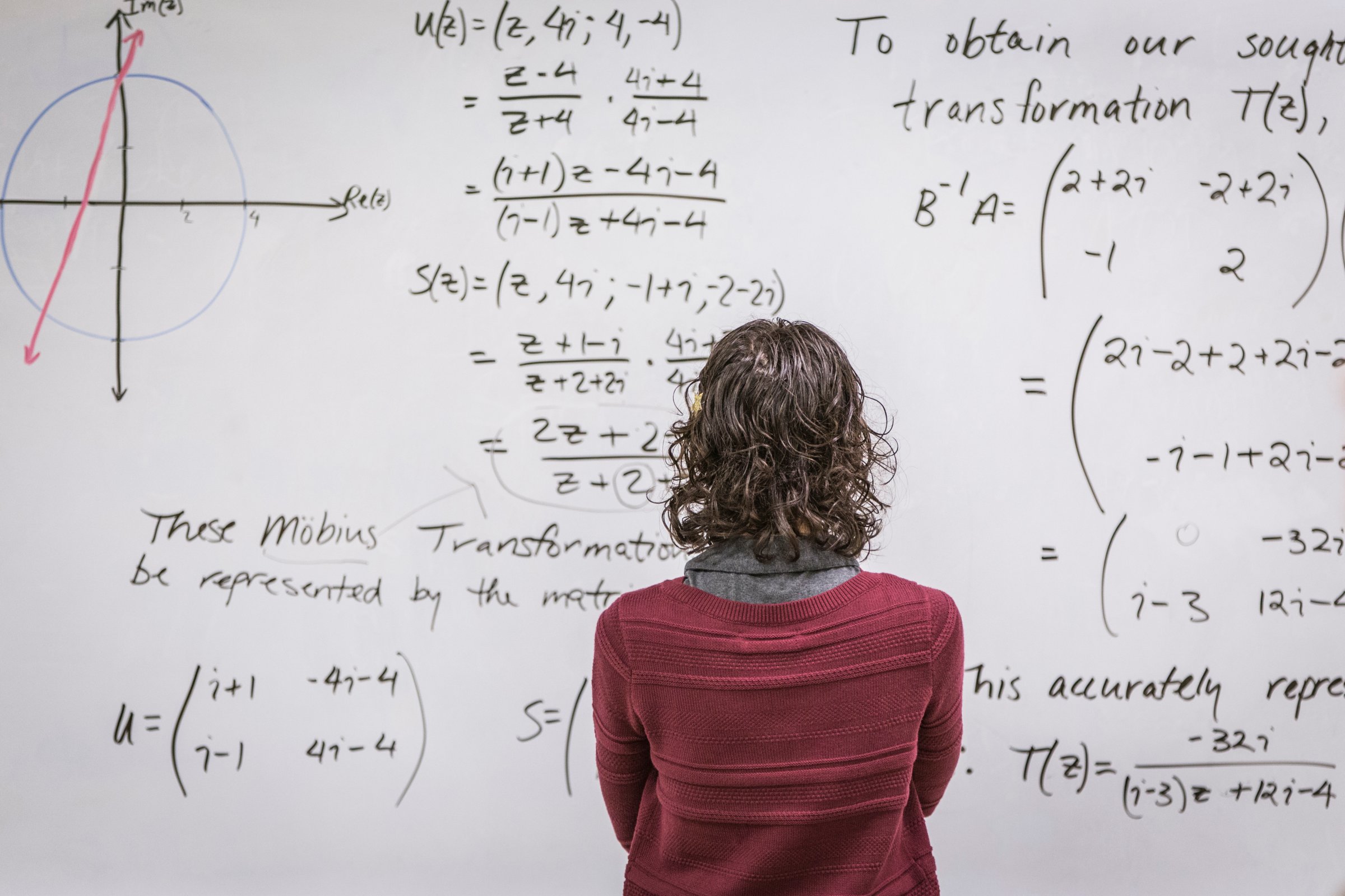 Caucasian professor examining equations on whiteboard