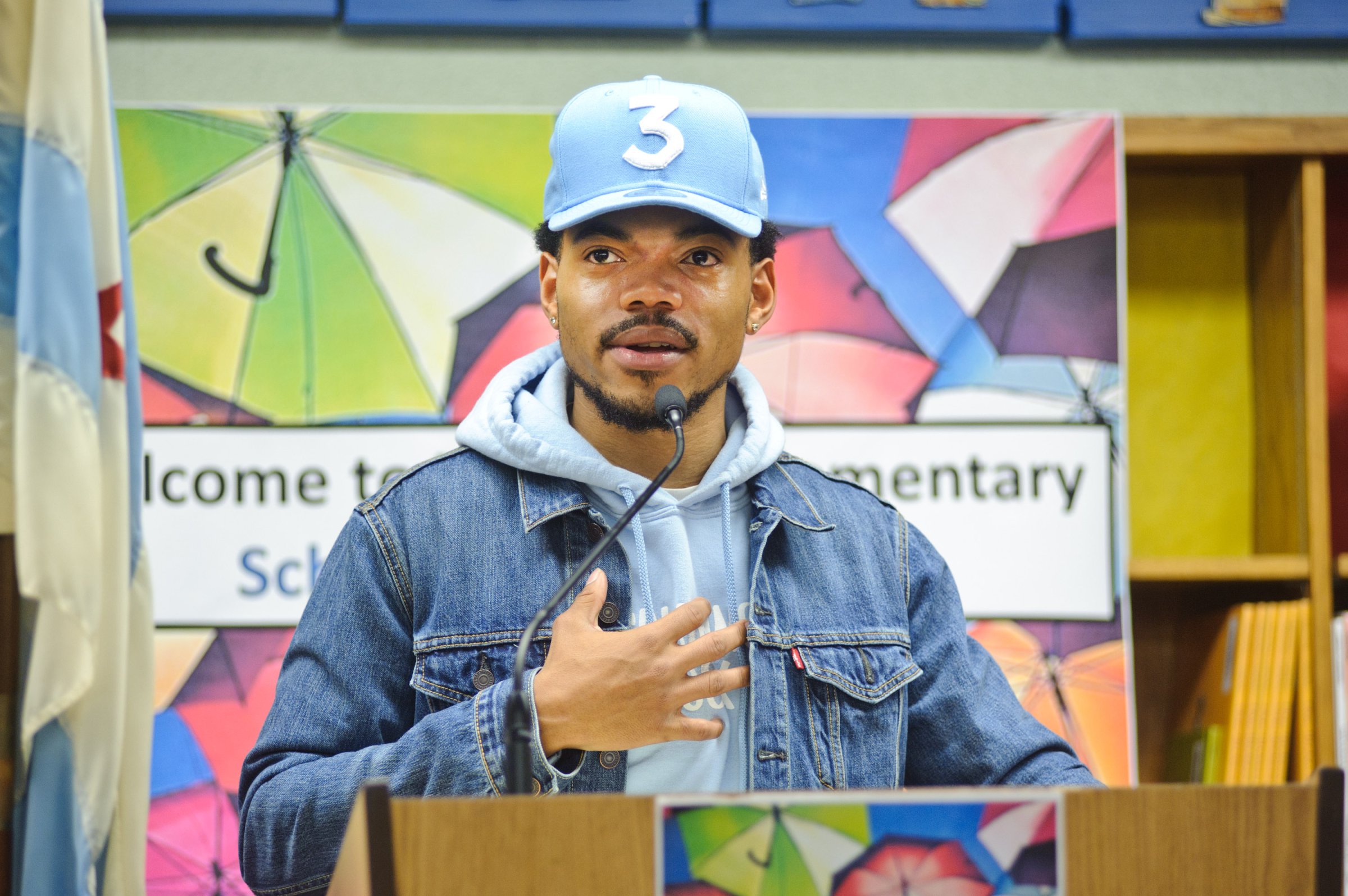 Chance The Rapper holds a press conference and donates $1 Million Dollars to the Chicago Public School Foundation at Westcott Elementary School on March 6, 2017 in Chicago, Ill.