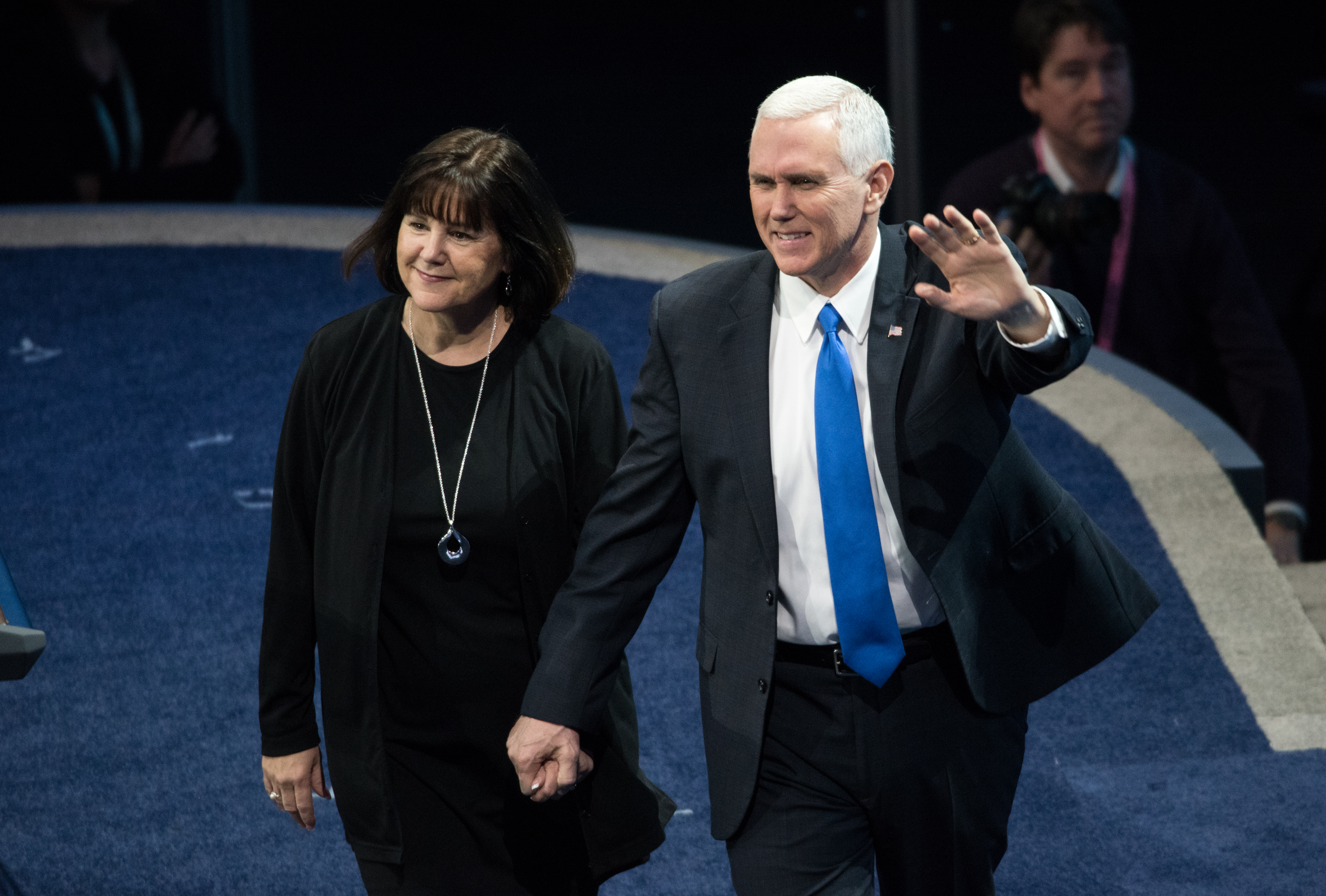 U.S. Vice President Mike Pence, right, and his wife Karen Pence are introduced at the the AIPAC 2017 Convention on March 26, 2017, in Washington, D.C. (Noam Galai—Getty Images)