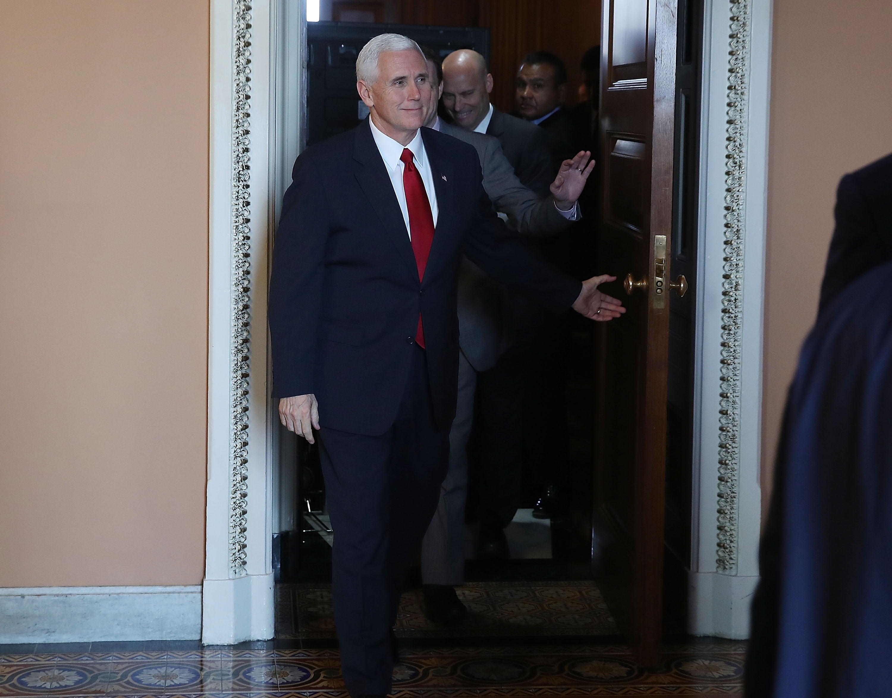 WASHINGTON, DC - MARCH 21:  U.S. Vice President Mike Pence leaves the weekly Senate Republican policy luncheon on Capitol Hill on March 21, 2017 in Washington, DC. Pence joined Senate Republicans to discuss the Senate GOP agenda.  (Photo by Mark Wilson/Getty Images) (Mark Wilson&mdash;Getty Images)