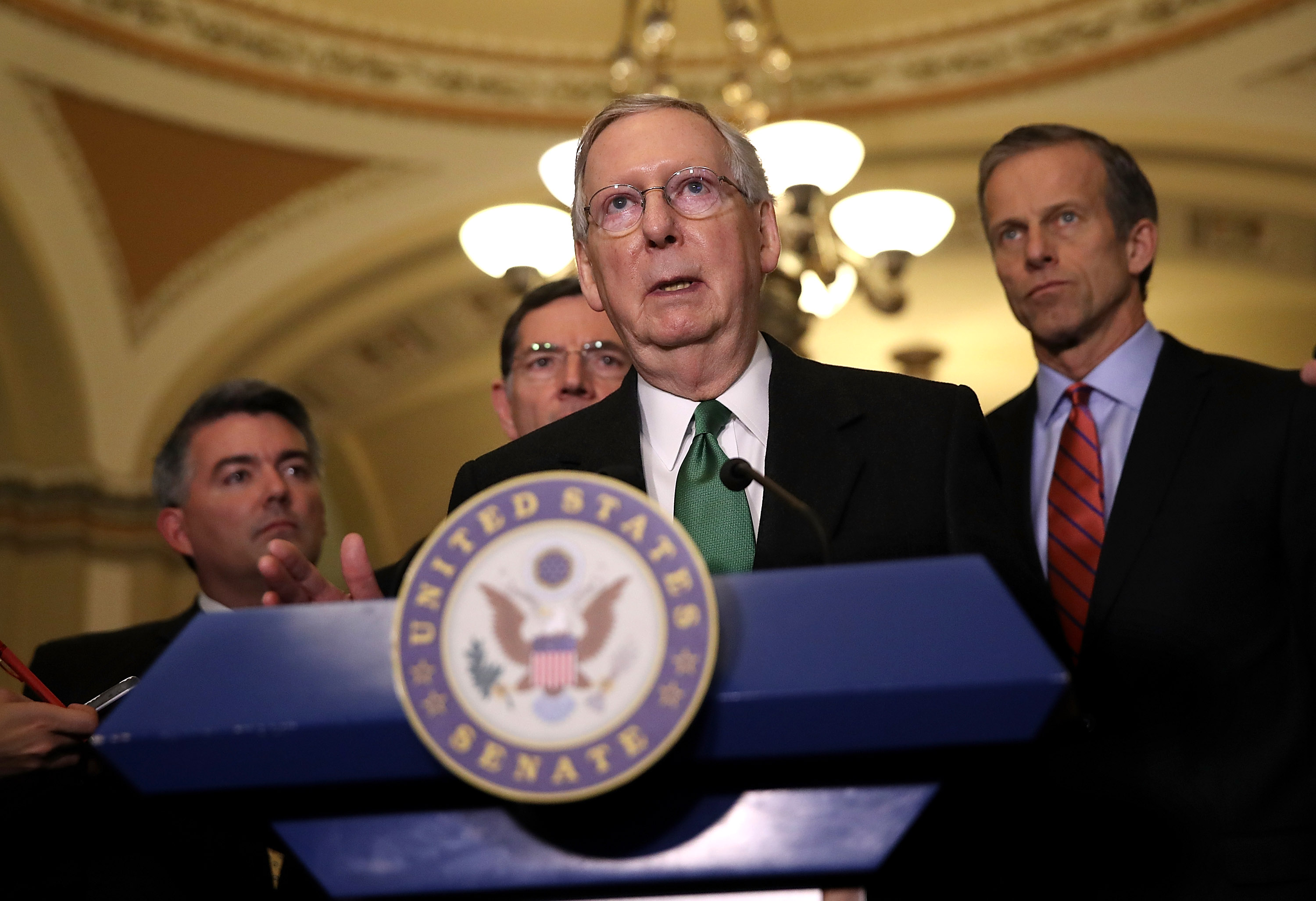 Senate Majority Leader Mitch McConnell (R-KY) speaks to reporters during a news conference on Capitol Hill following a policy lunch on March 7, 2017 in Washington, DC. (Justin Sullivan&mdash;Getty Images)