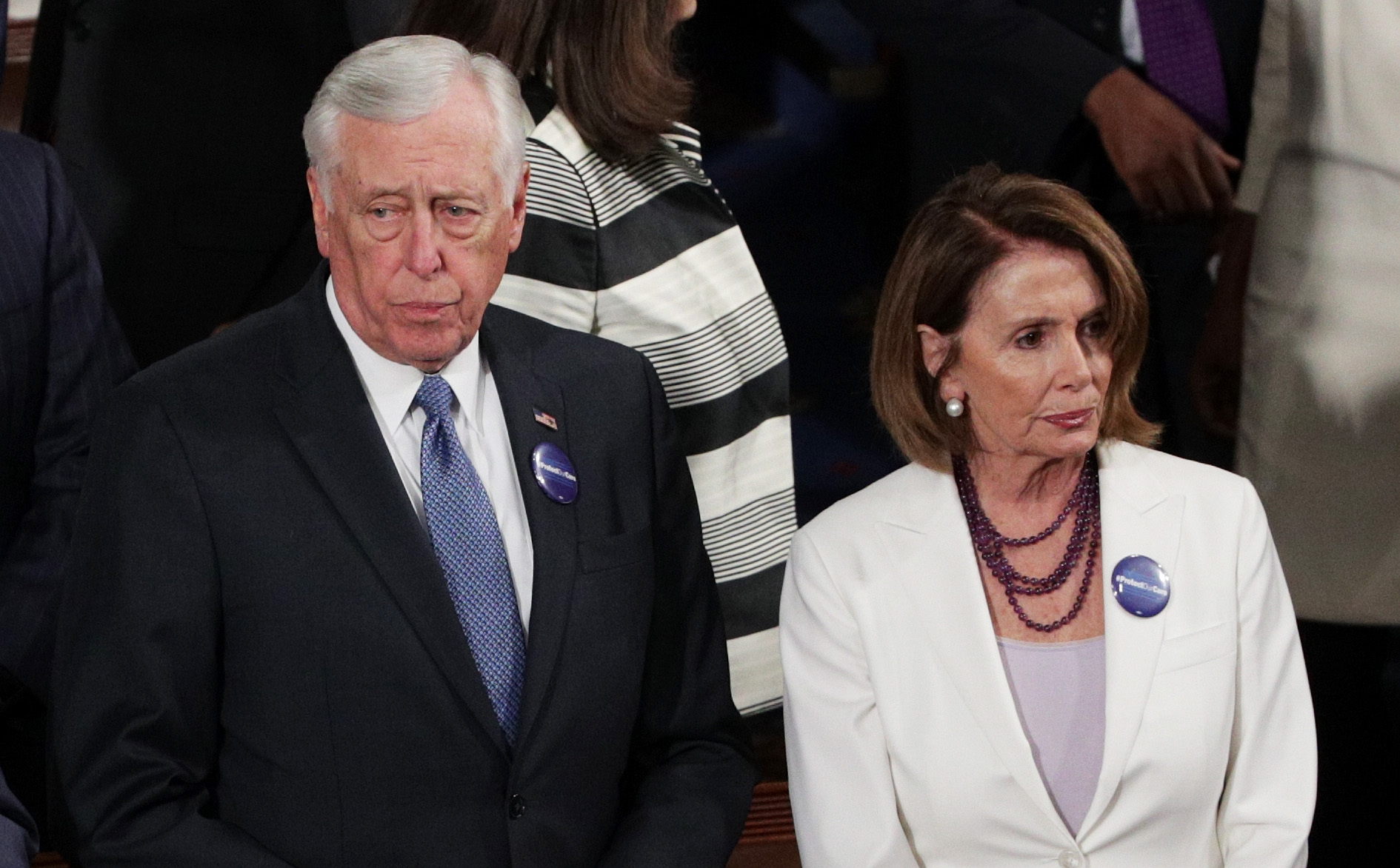 Steny Hoyer and Nancy Pelosi arrive to a joint session of the U.S. Congress with President Trump on Feb. 28, 2017 in the House chamber of  the U.S. Capitol in Washington, DC. (Alex Wong—Getty Images)