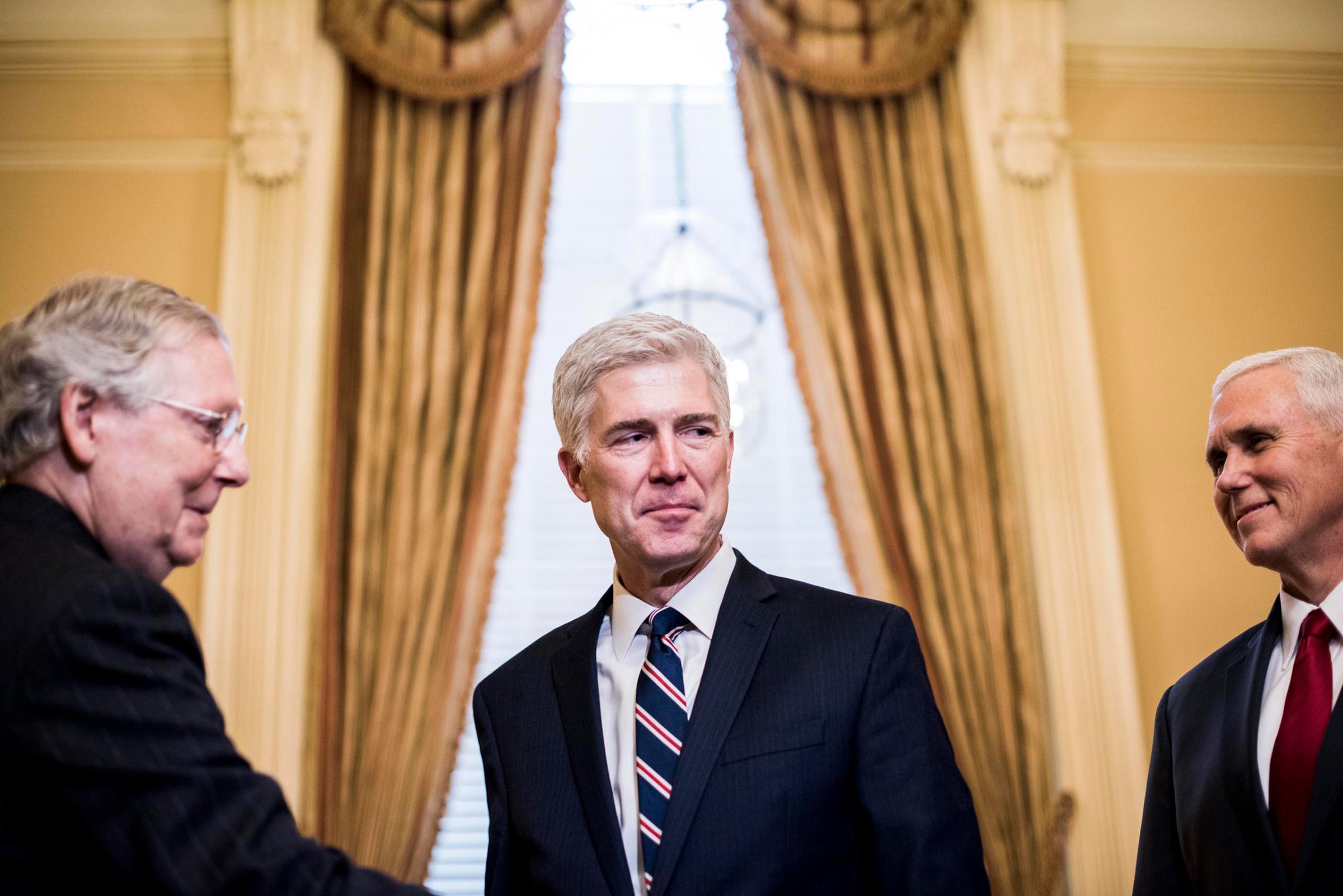 Gorsuch with Senate Majority Leader Mitch McConnell (R-TN) and Vice President Mike Pence,on Capitol Hill in Washington, D.C., Feb. 1, 2017.