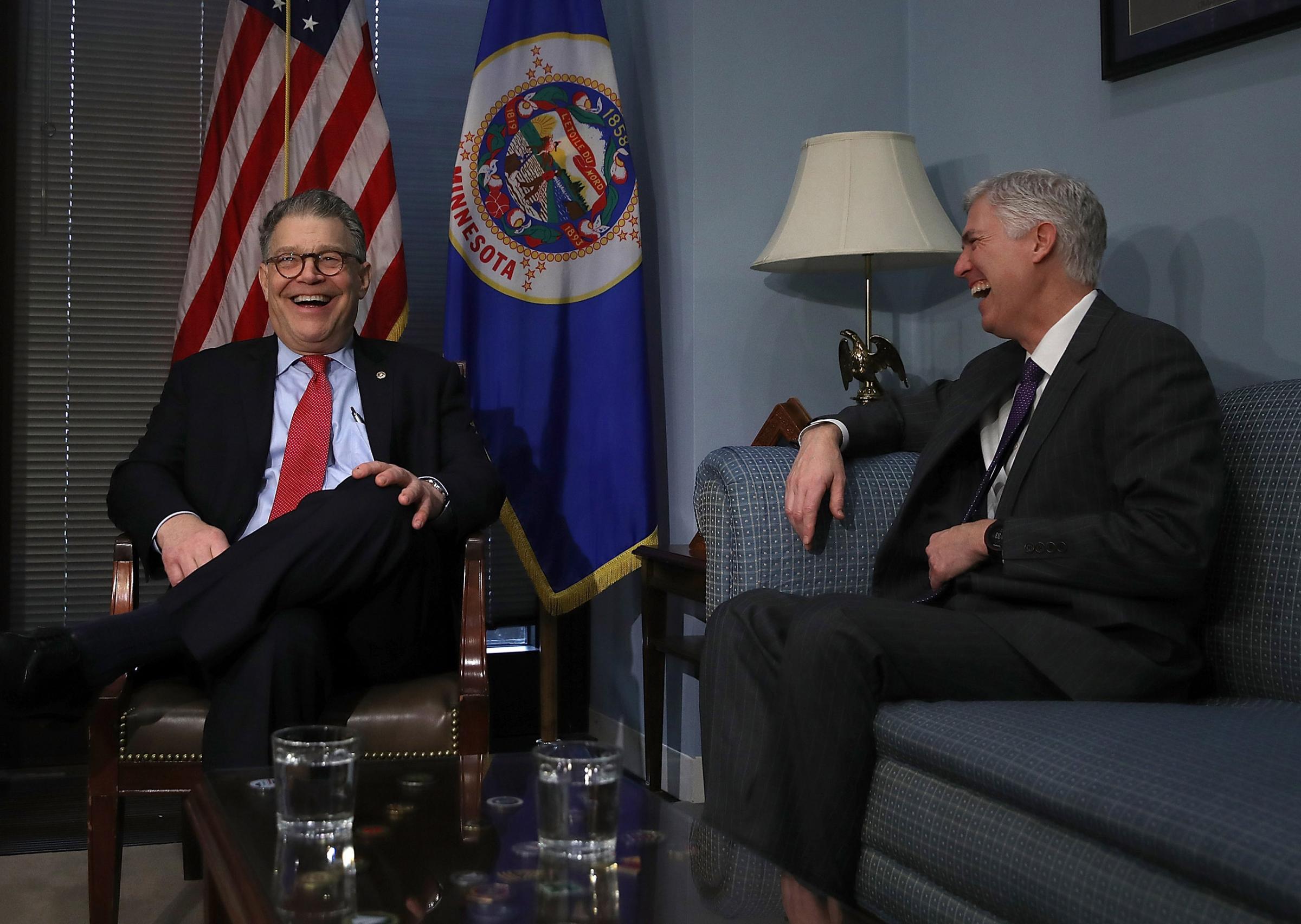 U.S. Supreme Court nominee Judge Neil Gorsuch (R) meets with U.S. Sen. Al Franken (D-MN) in Franken's office on Capitol Hill March 7, 2017 in Washington, D.C.