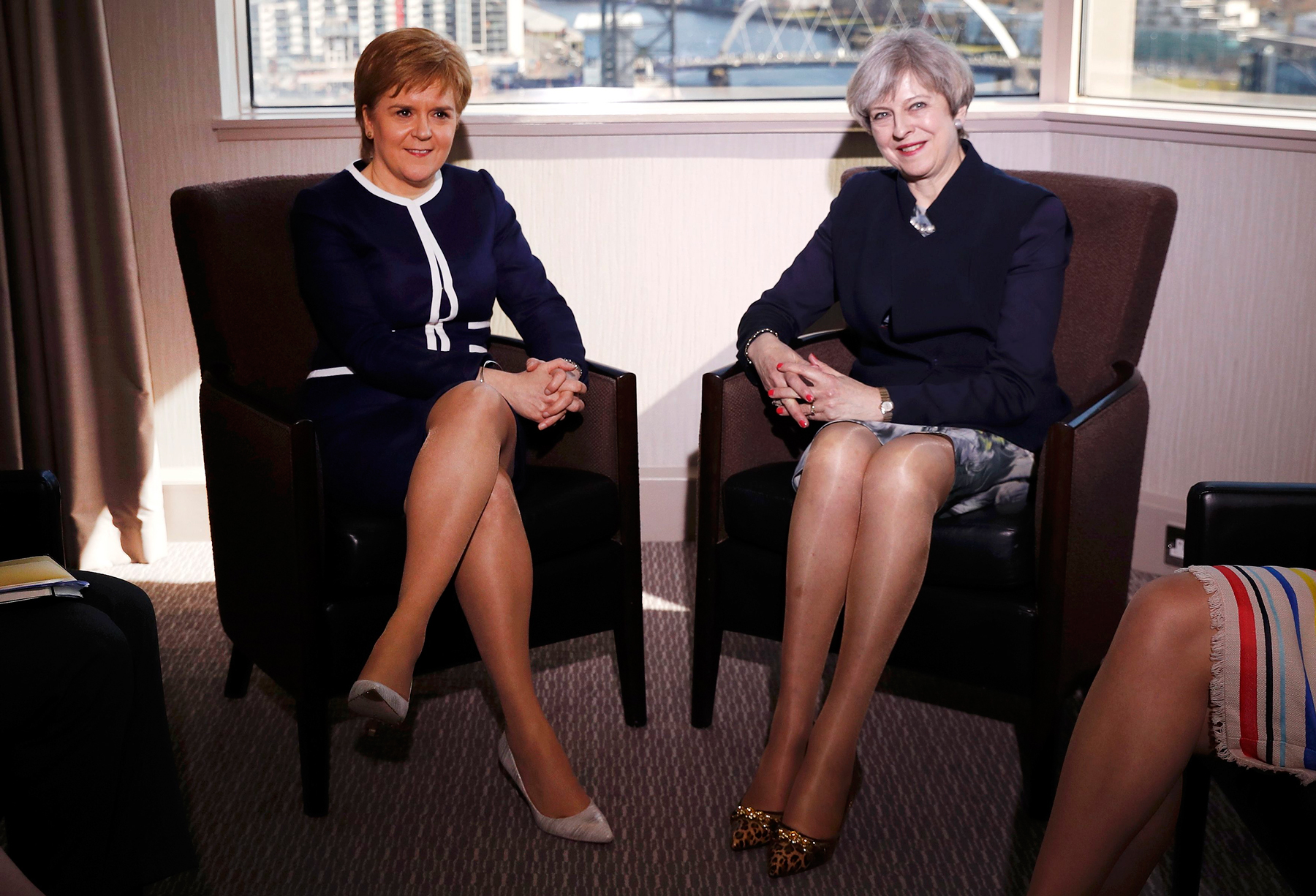 British Prime Minister Theresa May meets with Scottish First Minister Nicola Sturgeon at the Crown Plaza Hotel in Glasgow, Scotland, on March 27, 2017.