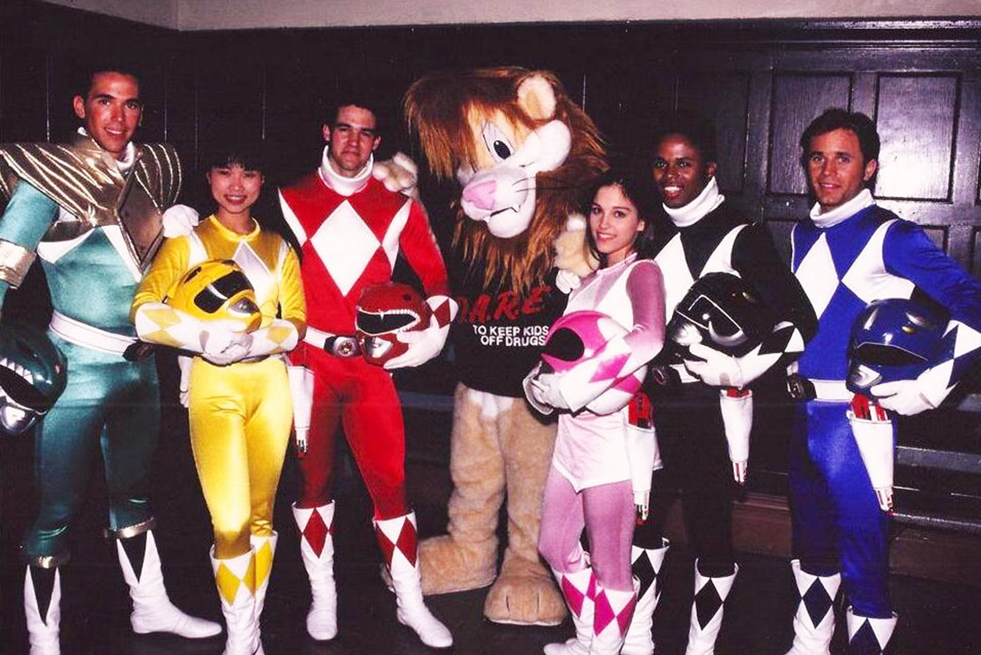 The original cast of Mighty Morphin Power Rangers. From left: Jason David Frank, Thuy Trang, Austin St. John, Amy Jo Johnson, Walter Jones, and David Yost.