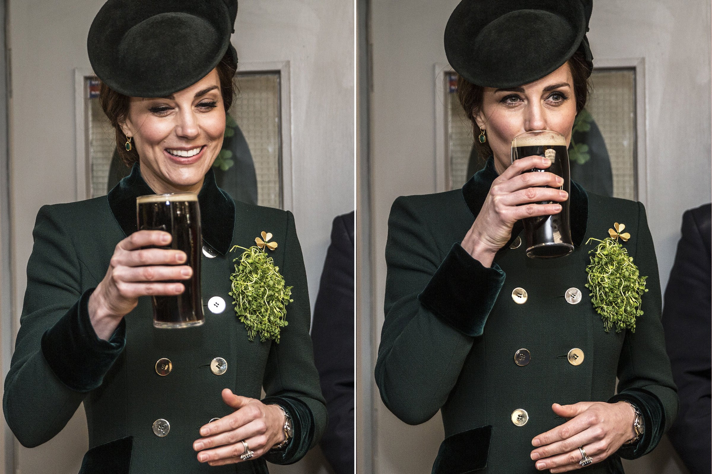 Duchess of Cambridge drinks a pint of Guinness during a meet and greet with soldiers of the 1st Battalion Irish Guards in their canteen following their St. Patrick's Day parade at Cavalry Barracks, Hounslow, on March 17, 2017.