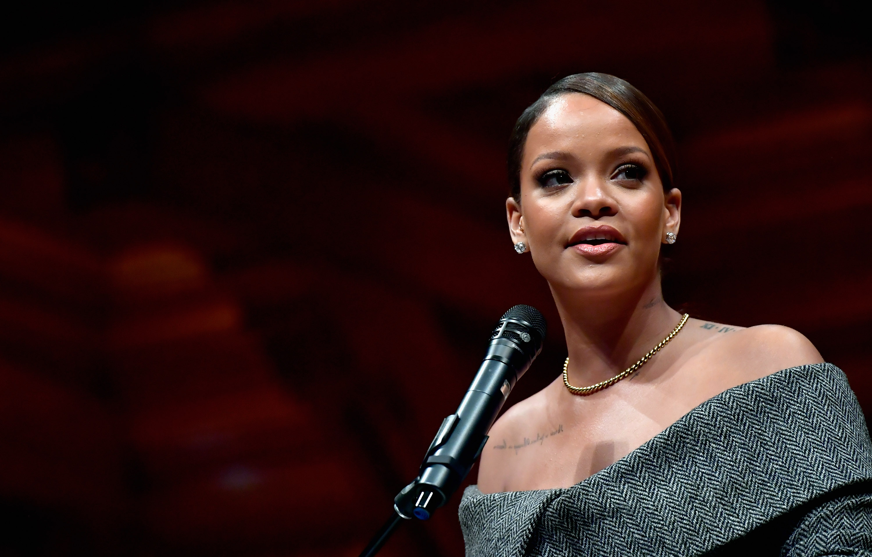 Rihanna receives the 2017 Harvard University Humanitarian of the Year Award at Harvard University's Sanders Theatre on February 28, 2017 in Cambridge, Massachusetts. (Paul Marotta—Getty Images)