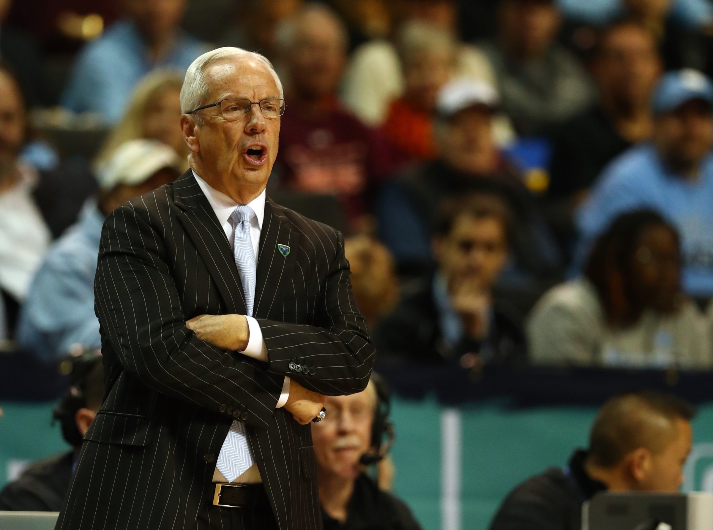 Head coach Roy Williams of the North Carolina Tar Heels in action against the Miami (Fl) Hurricanes during the Quarterfinals of the ACC Basketball Tournament at the Barclays Center on March 9, 2017 in New York City.