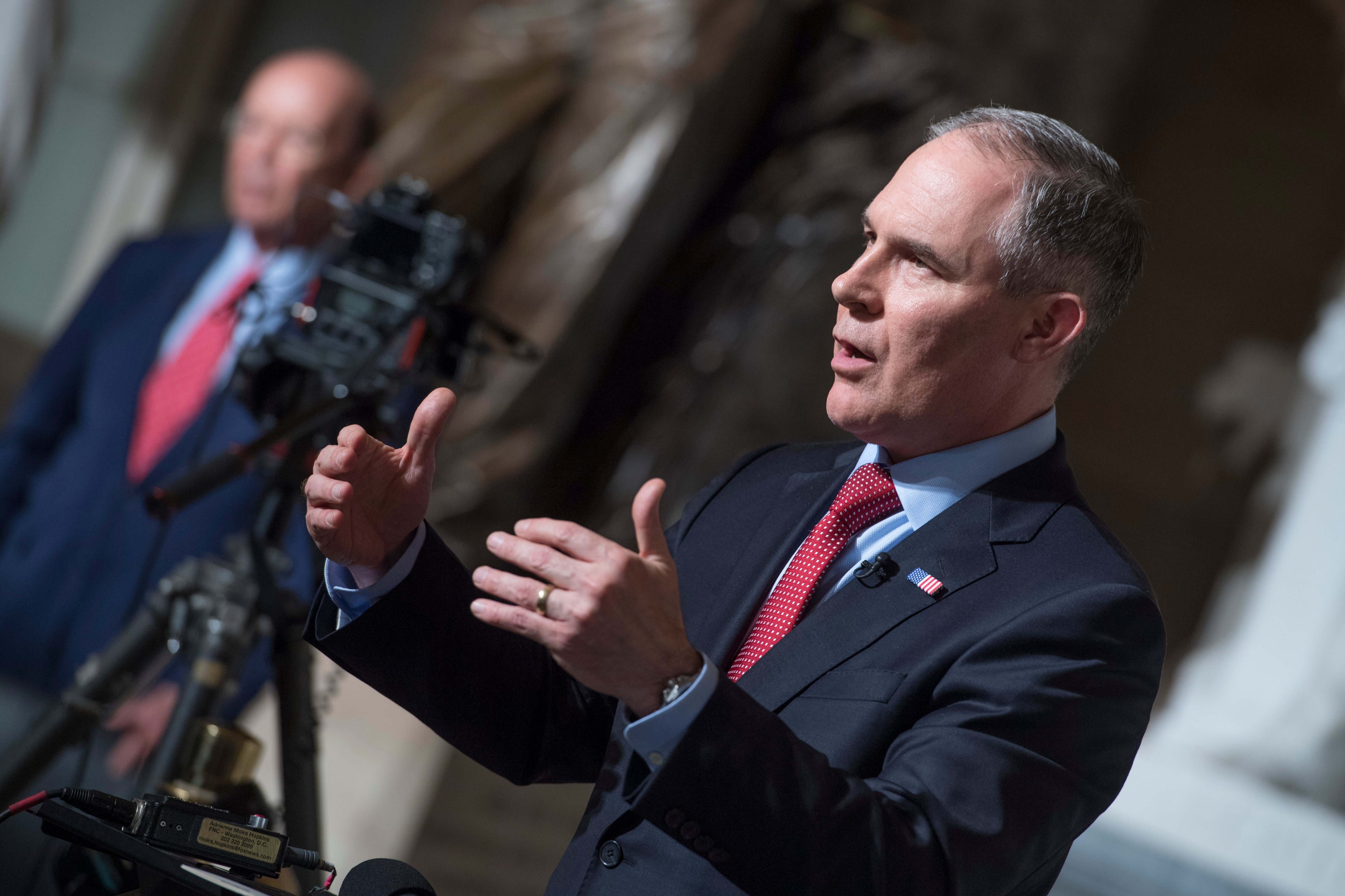 Scott Pruitt, administrator of the Environmental Protection Agency, is interviewed in Statuary Hall before President Donald Trump addressed a joint session of Congress on Feb 28 (Tom Williams—CQ-Roll Call)