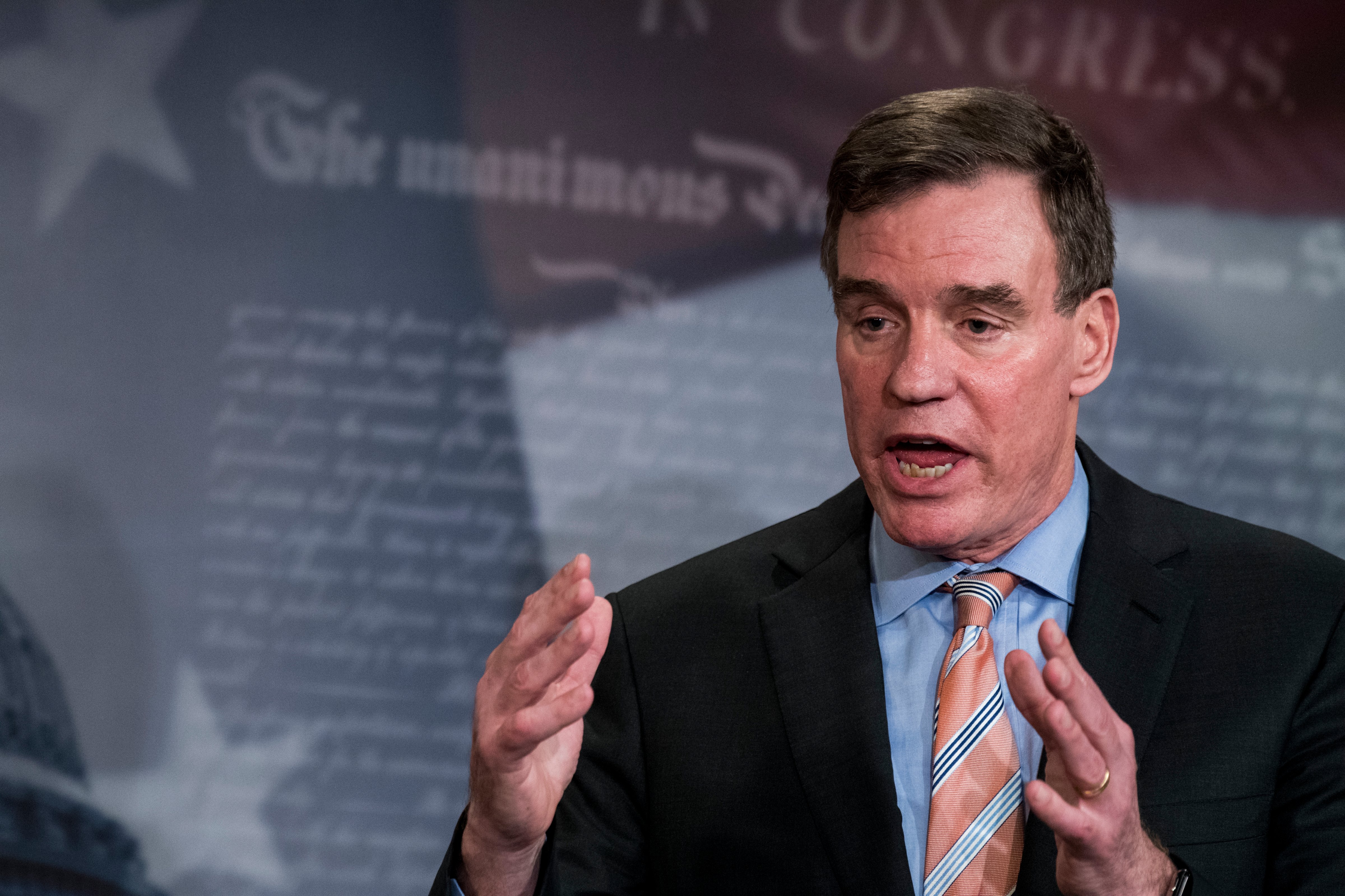 Senate Intelligence Vice Chair Mark Warner, D-Va., speaks at a news conference about the investigation into Russian meddling at the election with Senate Intelligence Chairman Richard Burr on Wednesday, March 29, 2017. (Bill Clark—CQ-Roll Call,Inc.)