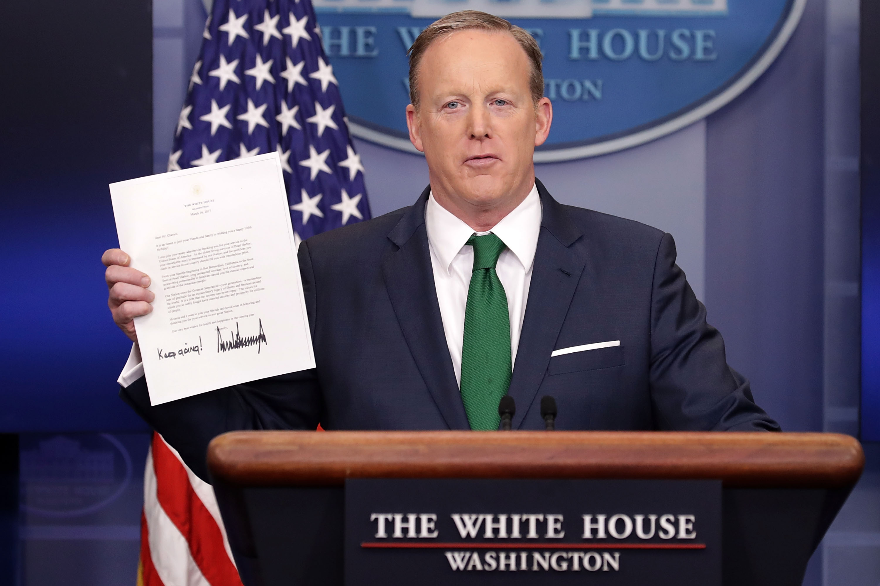 White House Press Secretary Sean Spicer holds  the daily press briefing in the Brady Press Briefing Room at the White House on March 16, 2017, in Washington, D.C. (Chip Somodevilla&mdash;Getty Images)