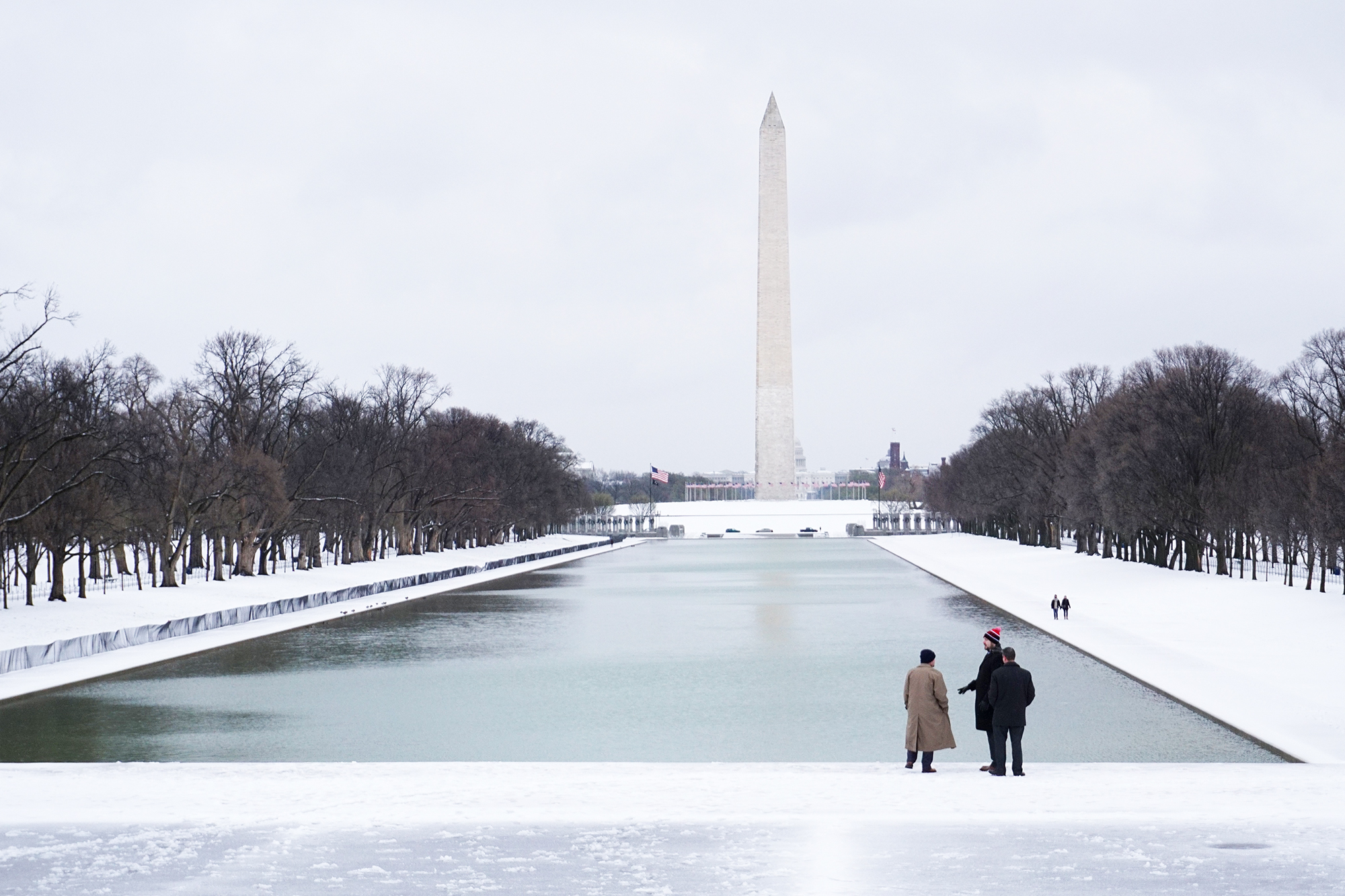 The Washington Monument is seen behind the snow-covered Mall in Washington, D.C., on March 14, 2017.