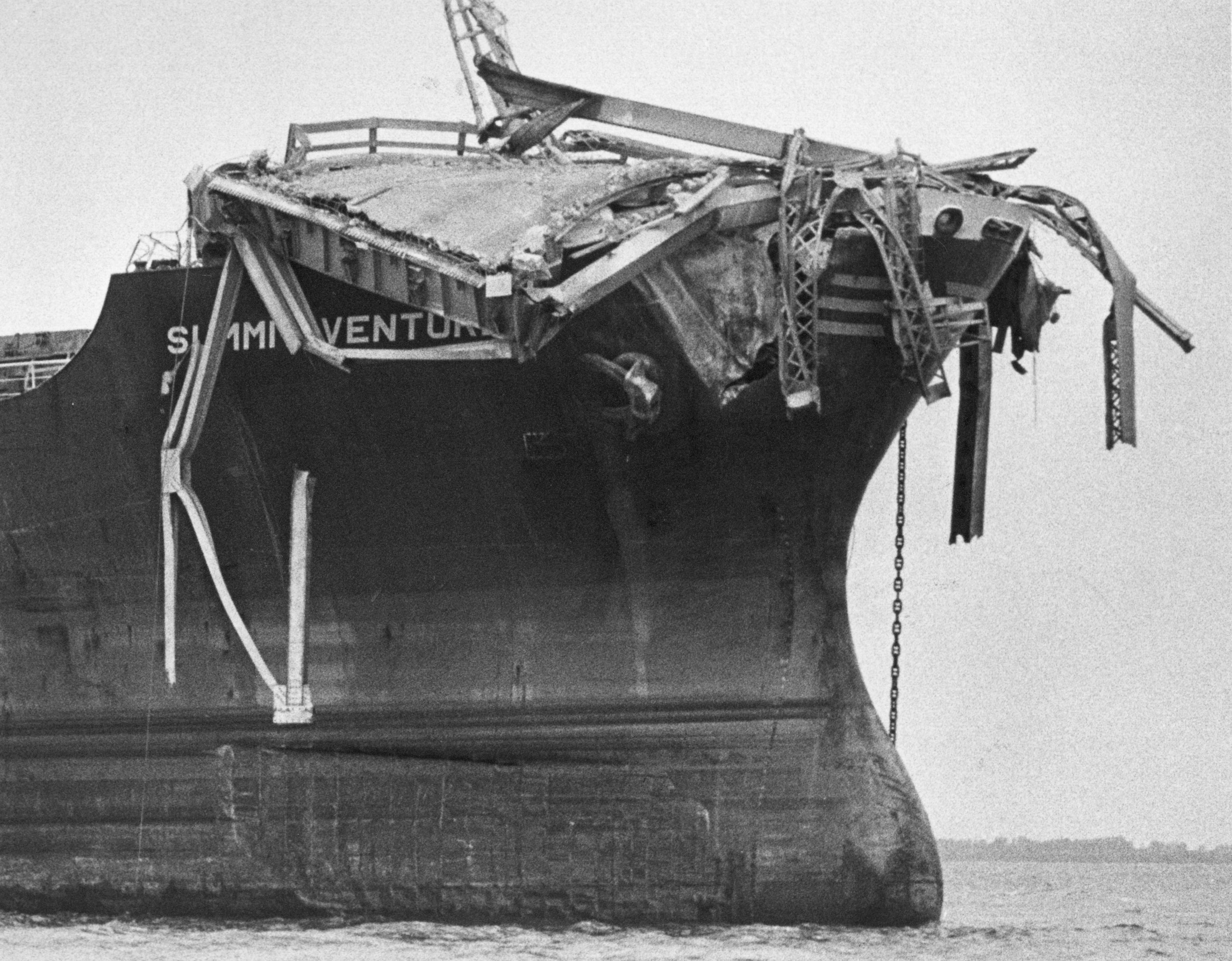 9th May 1980: Debris from the Sunshine Skyway Bridge perched on the bow of the freighter 'Summit Venture' after the vessel rammed the bridge during a thunderstorm at Tampa Bay, Florida (Photo by Keystone/Getty Images) (Keystone&mdash;Getty Images)