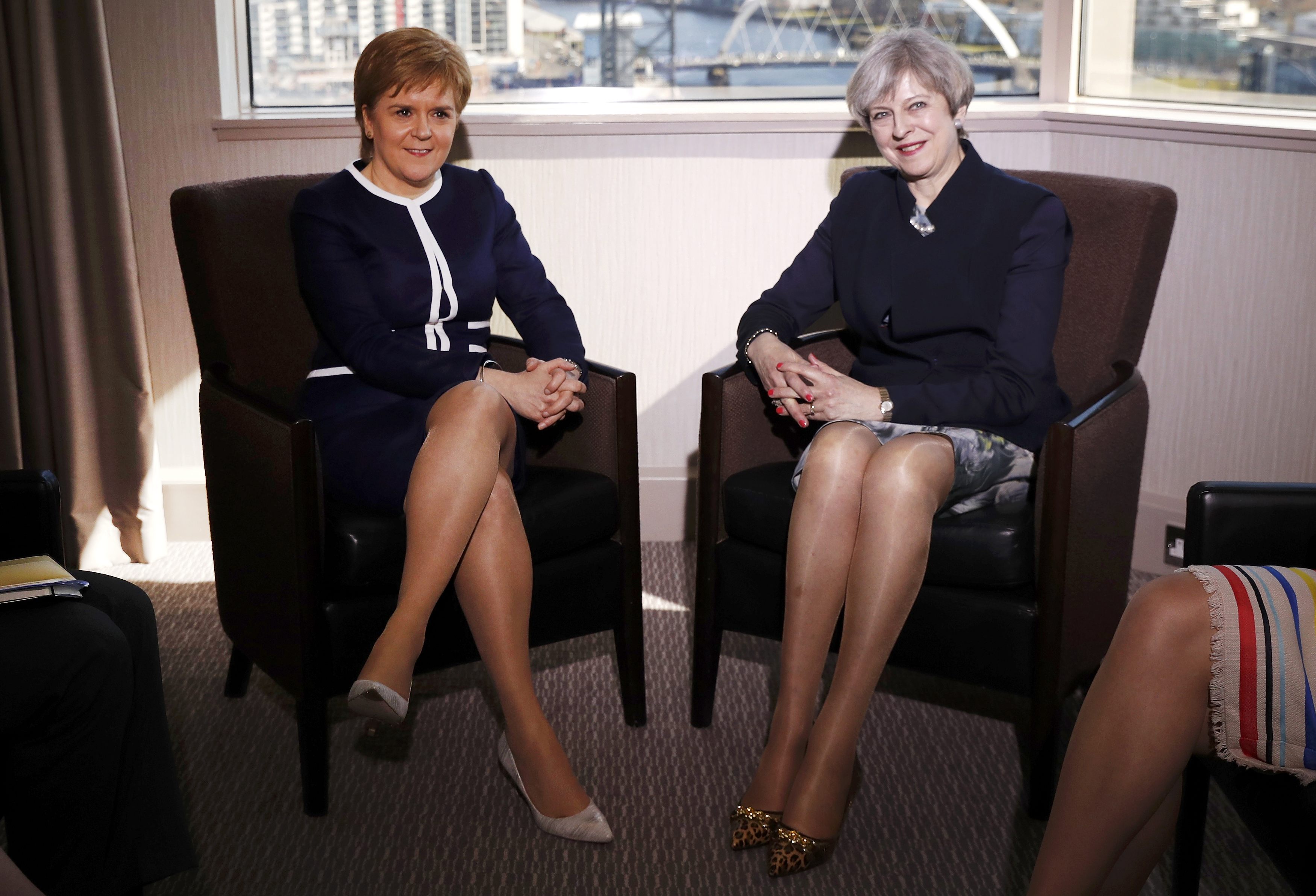 GLASGOW, SCOTLAND - MARCH 27: British Prime Minister Theresa May meets with Scottish First Minister Nicola Sturgeon at the Crown Plaza Hotel on March 27, 2017 in Glasgow, Scotland. The Prime Minister is in Scotland ahead of the triggering of Article 50 later in the week. (Photo by Russell Cheyne - WPA Pool/Getty Images) (WPA Pool&mdash;Getty Images)